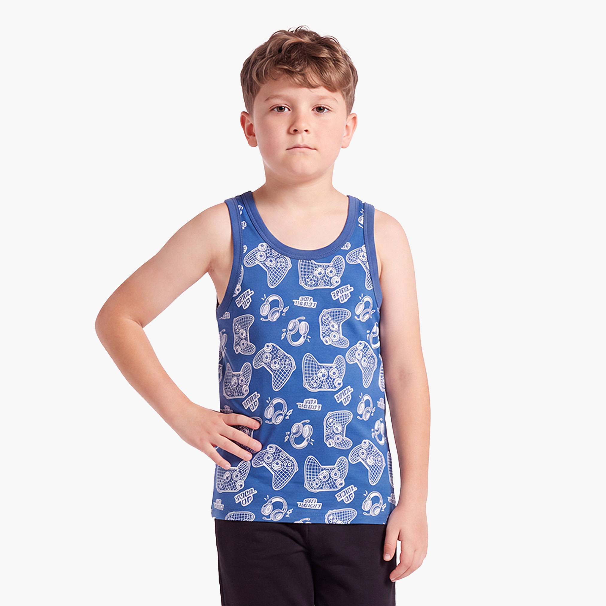 طقم فيست قطن بياقة مستديرة وطبعات ألعاب من جونيورز - 7 قطع-boys-clothing-innerwear-vests-image-8
