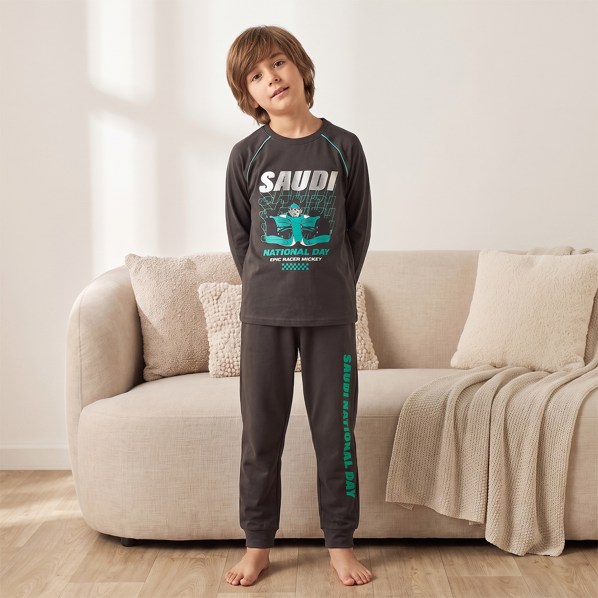 Disney Crew Neck Long Sleeves Pyjama Set with KSA National Day Print-boys-clothing-nightwear-image-1