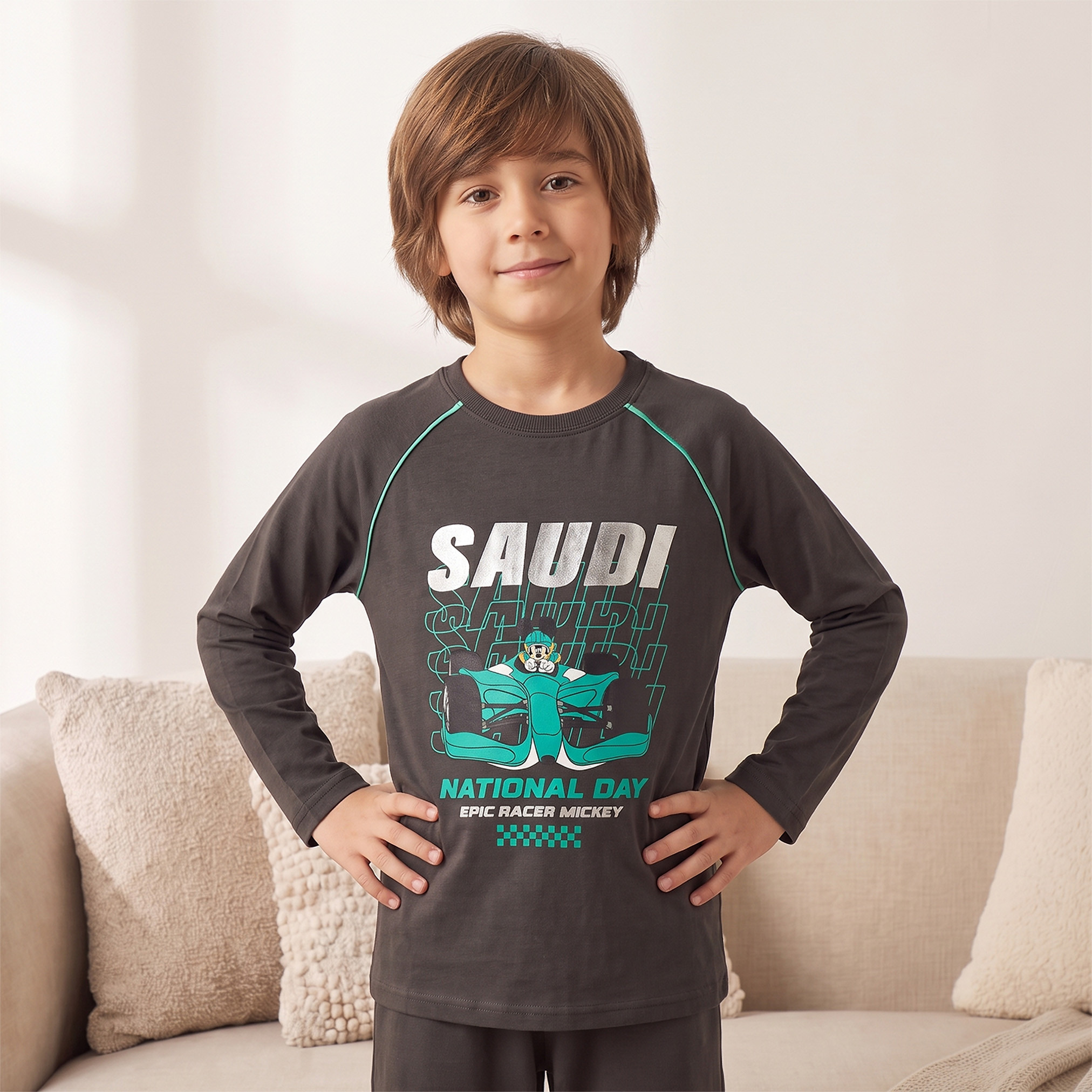 Disney Crew Neck Long Sleeves Pyjama Set with KSA National Day Print-boys-clothing-nightwear-image-2