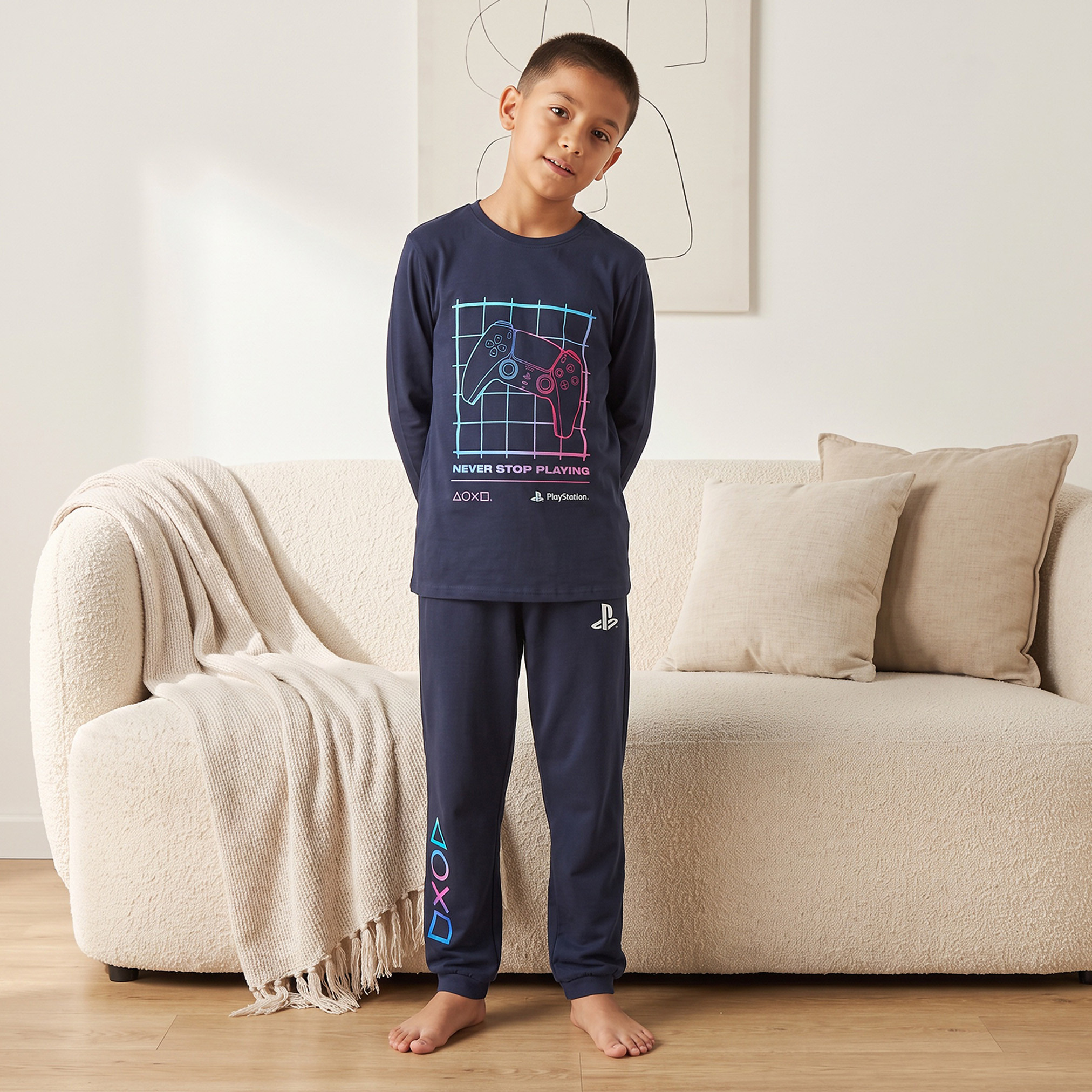 PlayStation Cotton Crew Neck Long Sleeves Pyjama Set with Gamer Print-boys-clothing-nightwear-image-1