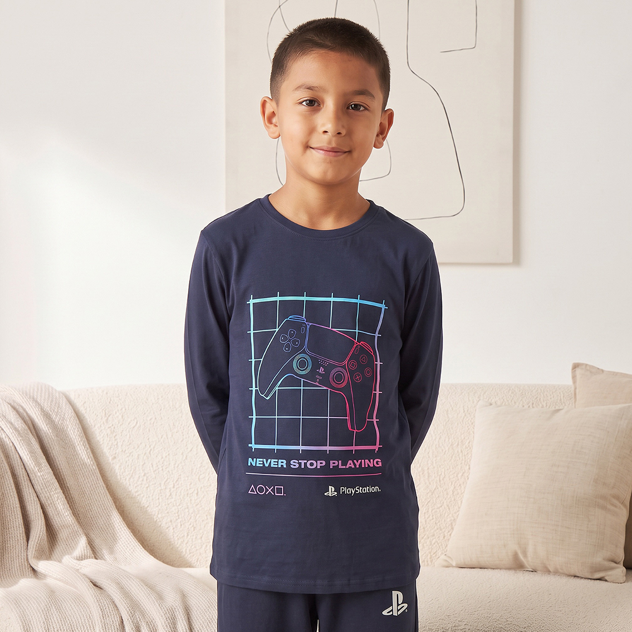 PlayStation Cotton Crew Neck Long Sleeves Pyjama Set with Gamer Print-boys-clothing-nightwear-image-3