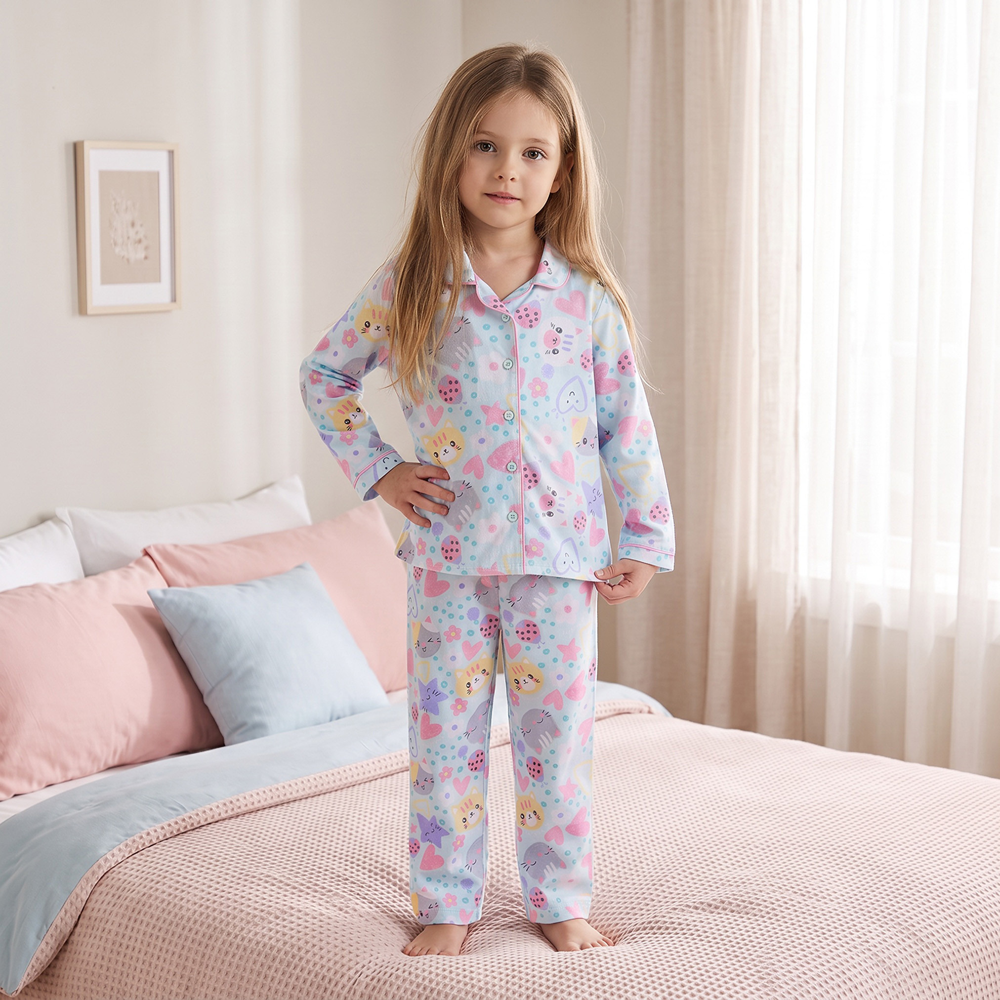 طقم بيجاما قطن بياقة وأكمام طويلة بطبعات لطيفة من جونيورز-girls-clothing-nightwear-image-1