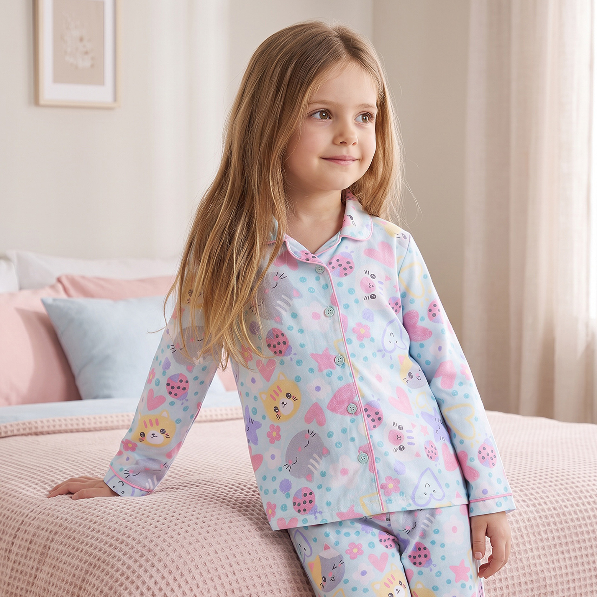 طقم بيجاما قطن بياقة وأكمام طويلة بطبعات لطيفة من جونيورز-girls-clothing-nightwear-image-2