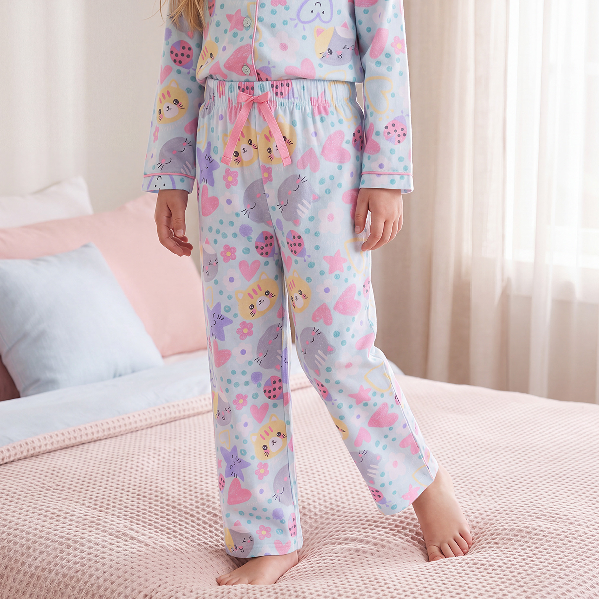 طقم بيجاما قطن بياقة وأكمام طويلة بطبعات لطيفة من جونيورز-girls-clothing-nightwear-image-3