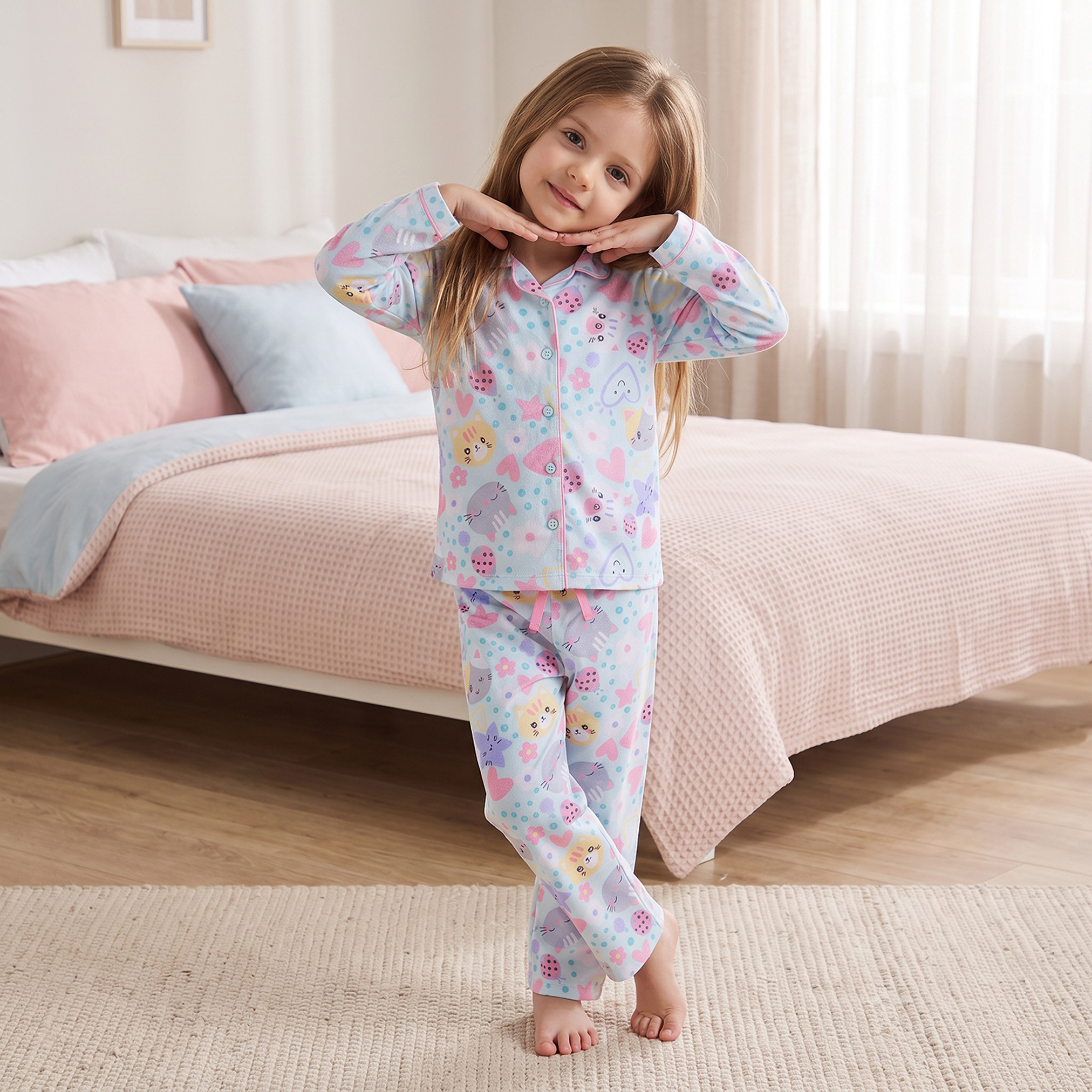 طقم بيجاما قطن بياقة وأكمام طويلة بطبعات لطيفة من جونيورز-girls-clothing-nightwear-image-5