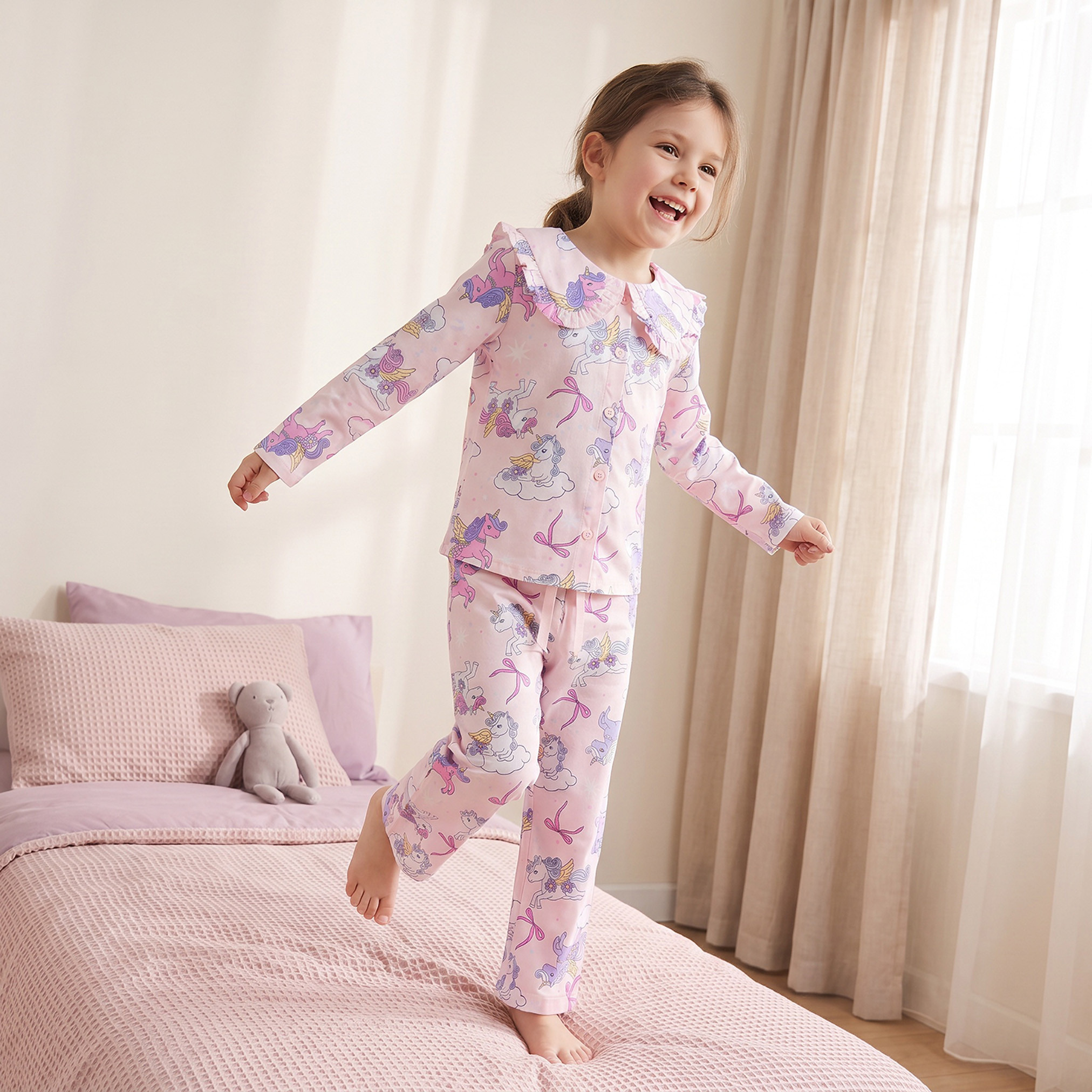 Juniors Cotton Collared Long Sleeves Pyjama Set with Unicorn Print-girls-clothing-nightwear-image-1