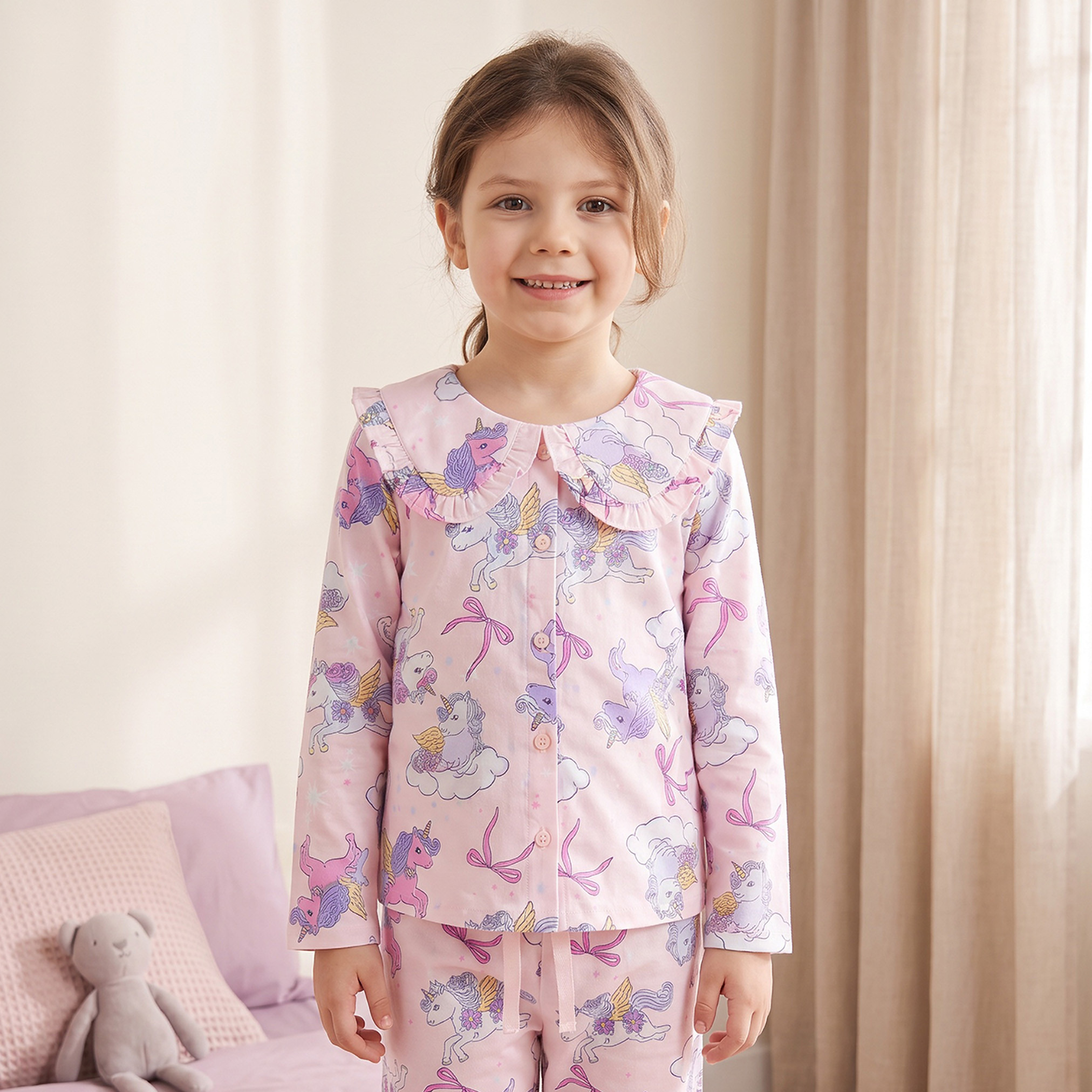 Juniors Cotton Collared Long Sleeves Pyjama Set with Unicorn Print-girls-clothing-nightwear-image-2