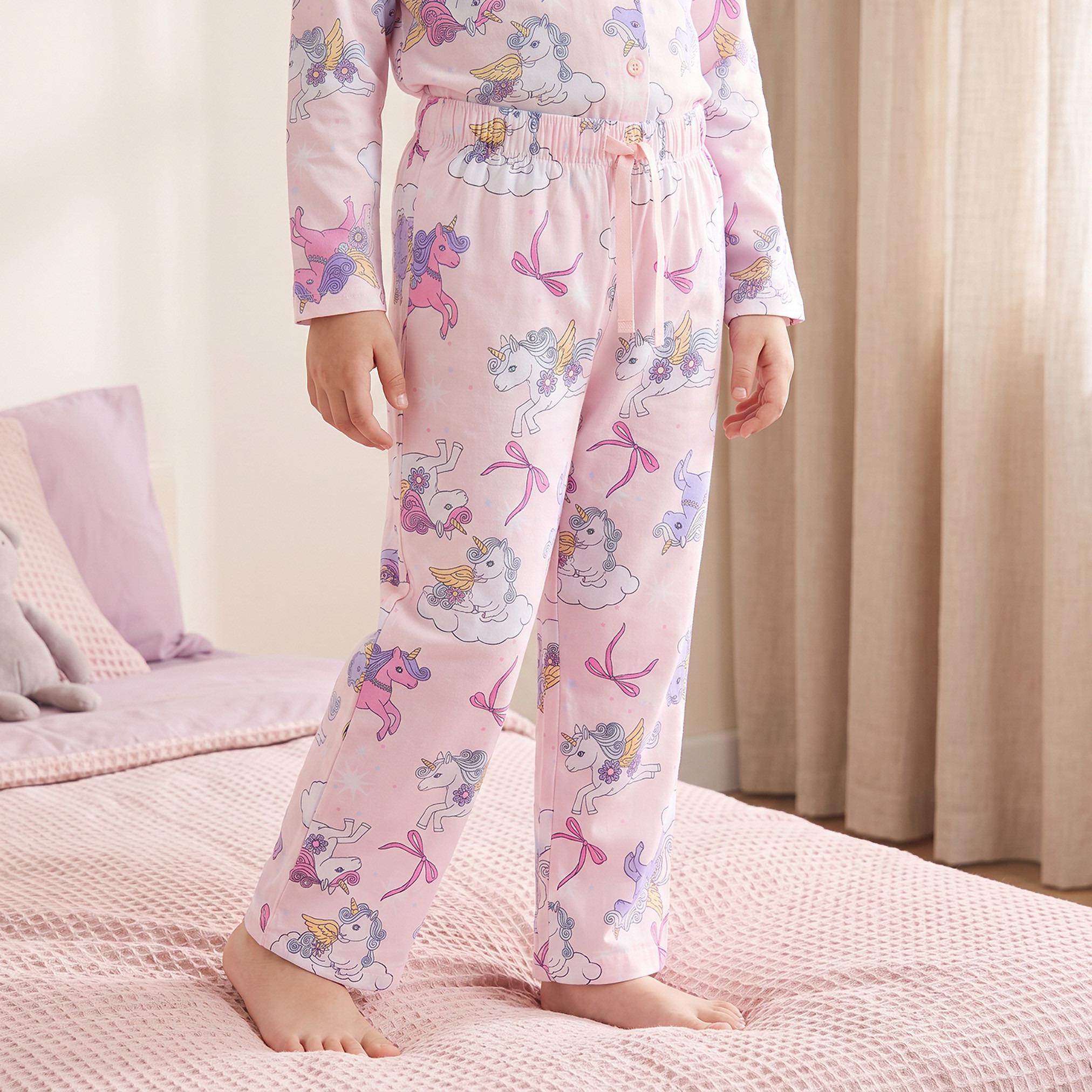 Juniors Cotton Collared Long Sleeves Pyjama Set with Unicorn Print-girls-clothing-nightwear-image-3
