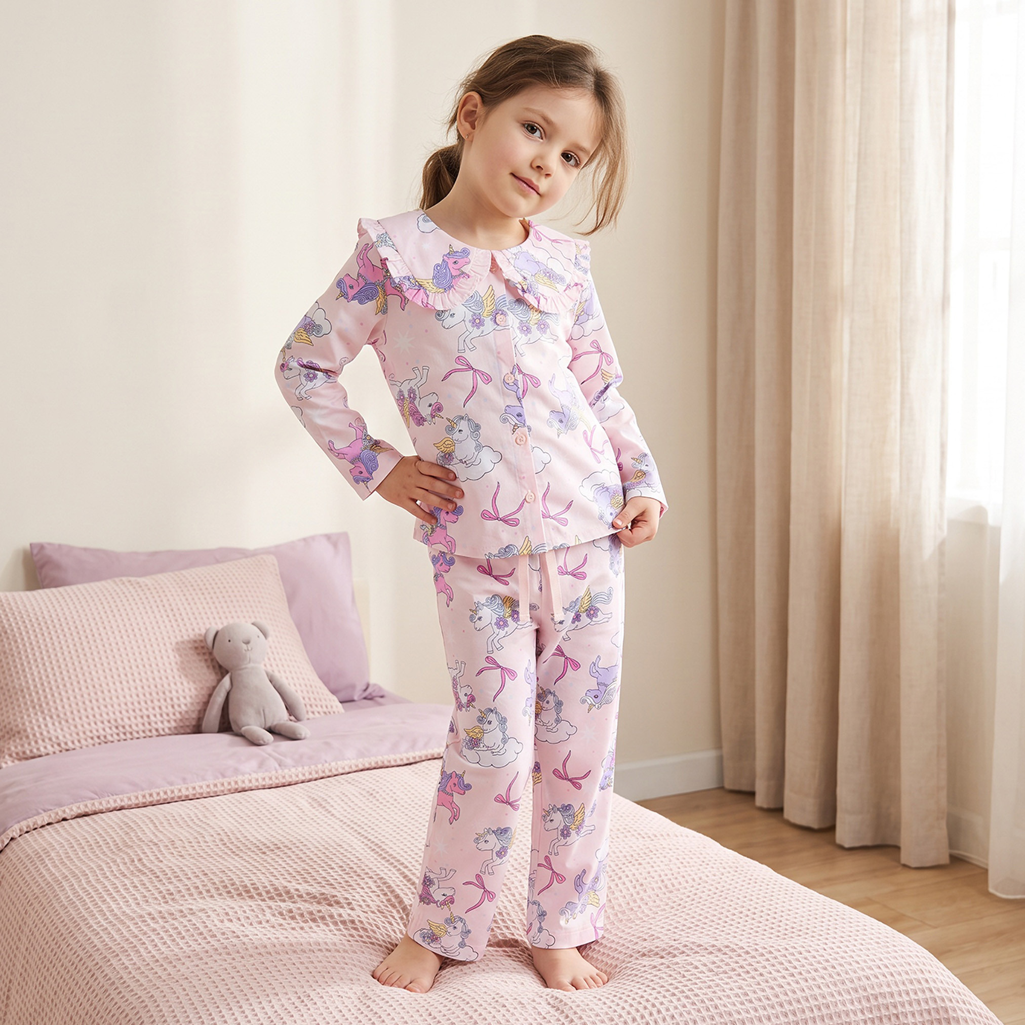 Juniors Cotton Collared Long Sleeves Pyjama Set with Unicorn Print-girls-clothing-nightwear-image-5