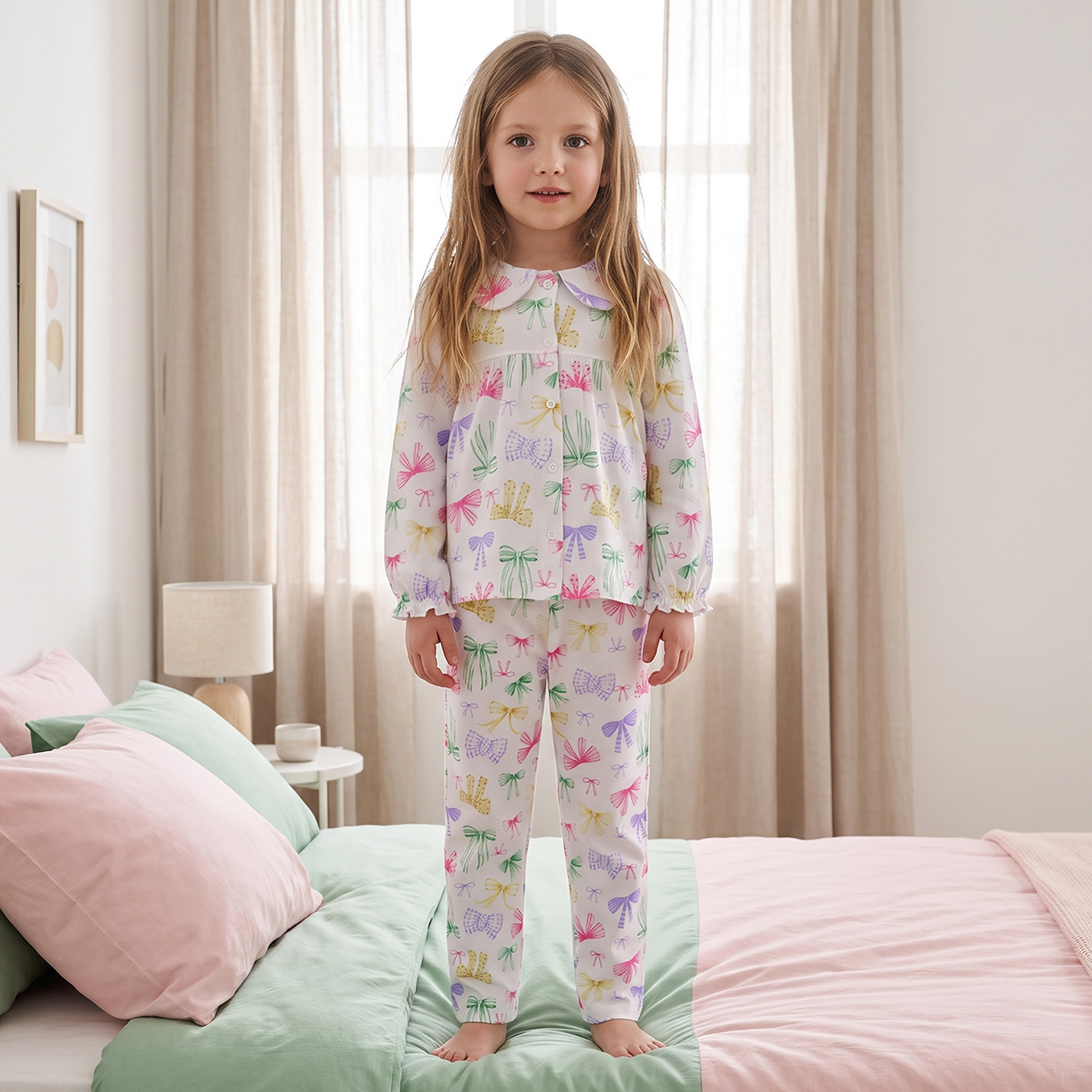 طقم بيجاما قطن بياقة بيتر بان وأكمام طويلة وطبعات فيونكة من جونيورز-girls-clothing-nightwear-image-1