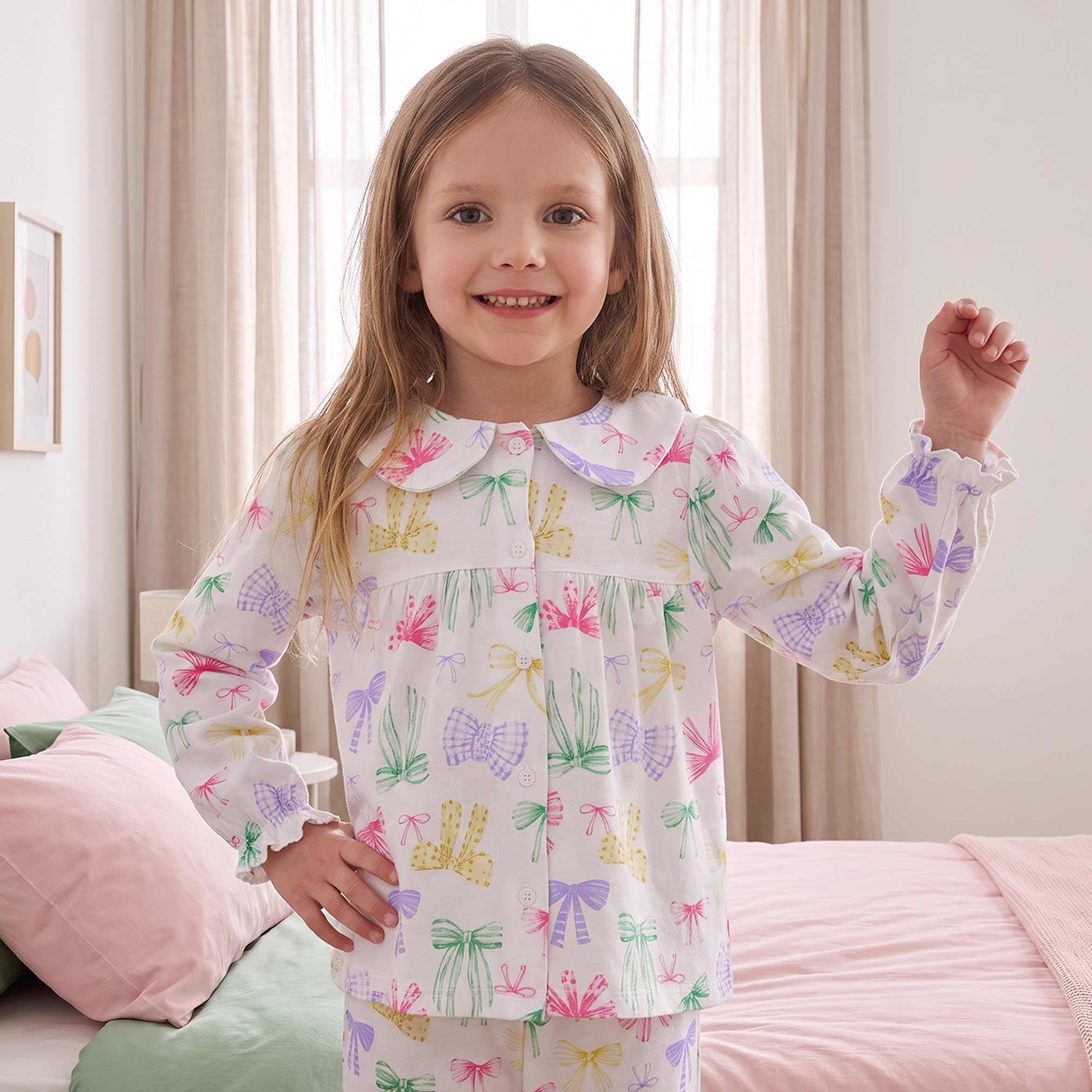 طقم بيجاما قطن بياقة بيتر بان وأكمام طويلة وطبعات فيونكة من جونيورز-girls-clothing-nightwear-image-2
