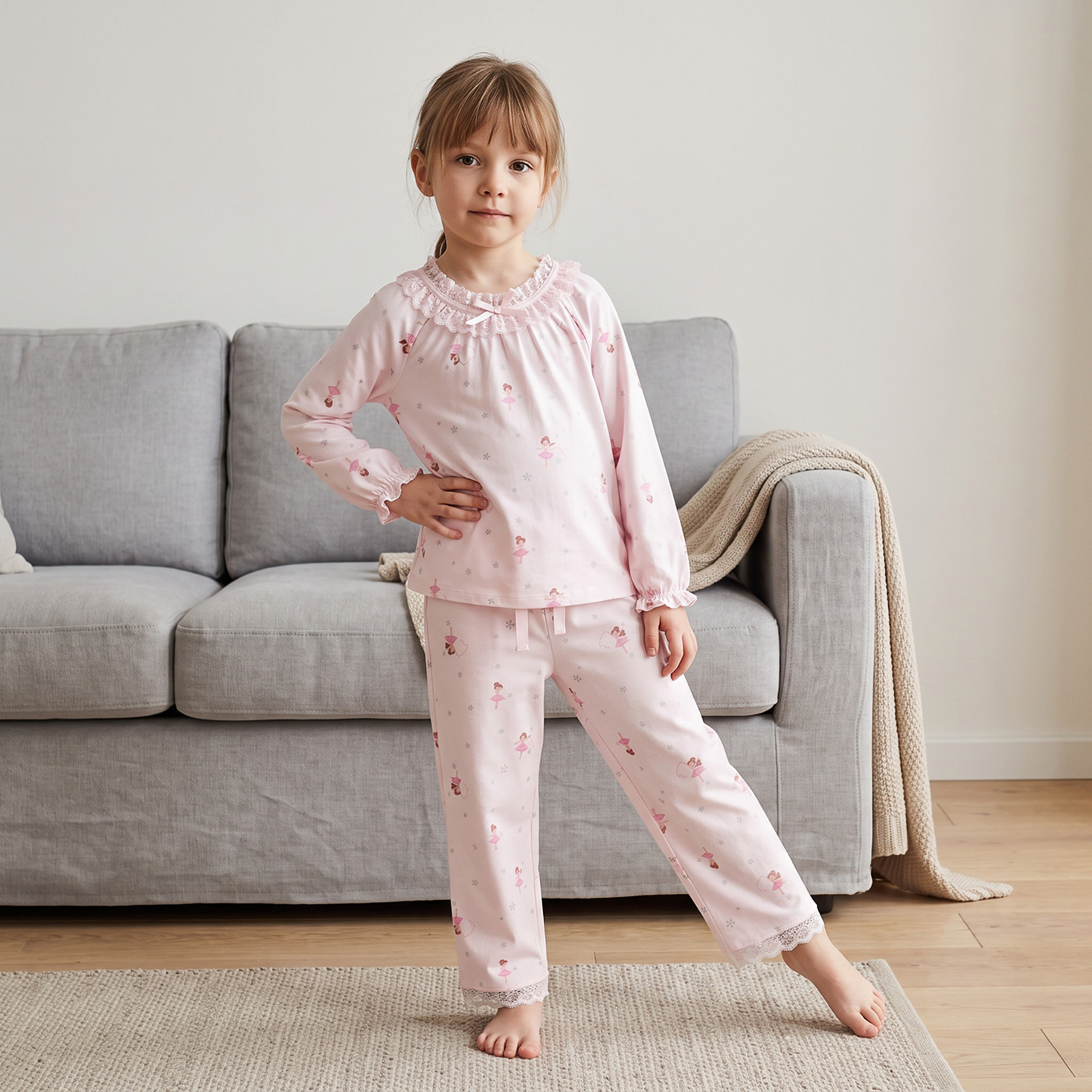 Juniors Cotton Crew Neck Long Sleeves Pyjama Set with Ballerina Print-girls-clothing-nightwear-image-1