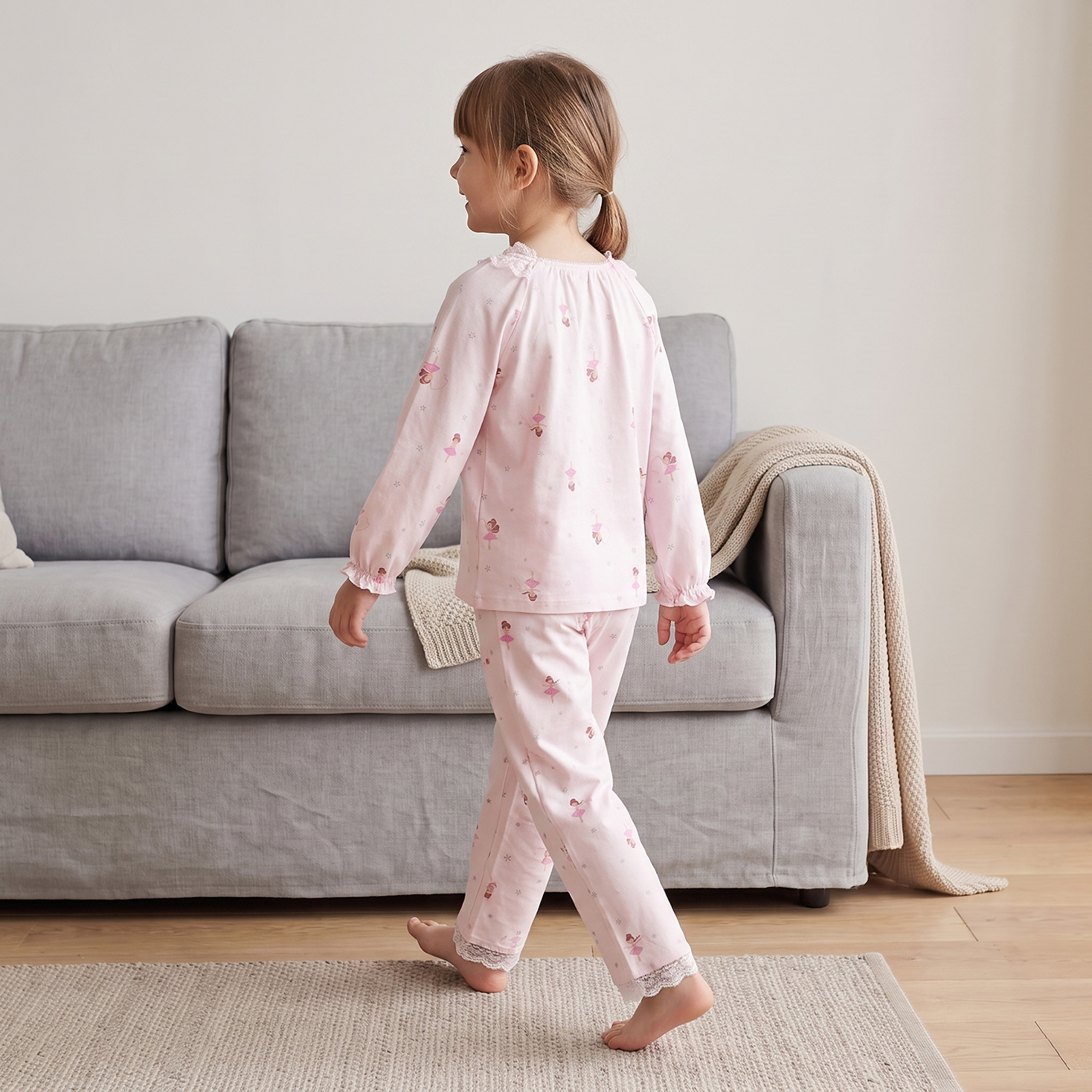 Juniors Cotton Crew Neck Long Sleeves Pyjama Set with Ballerina Print-girls-clothing-nightwear-image-4