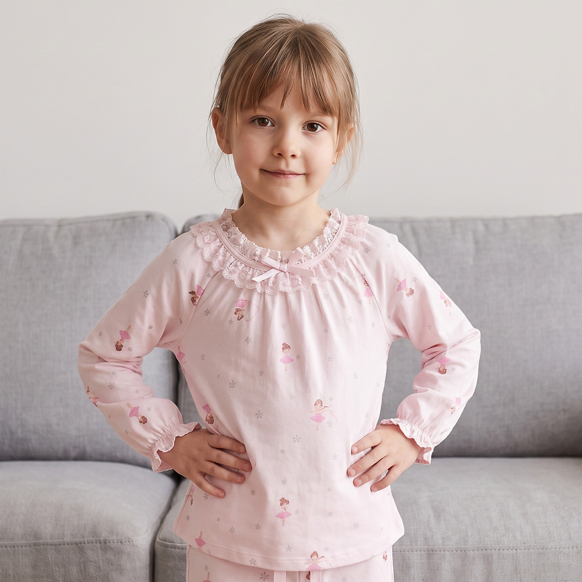 Juniors Cotton Crew Neck Long Sleeves Pyjama Set with Ballerina Print-girls-clothing-nightwear-image-2