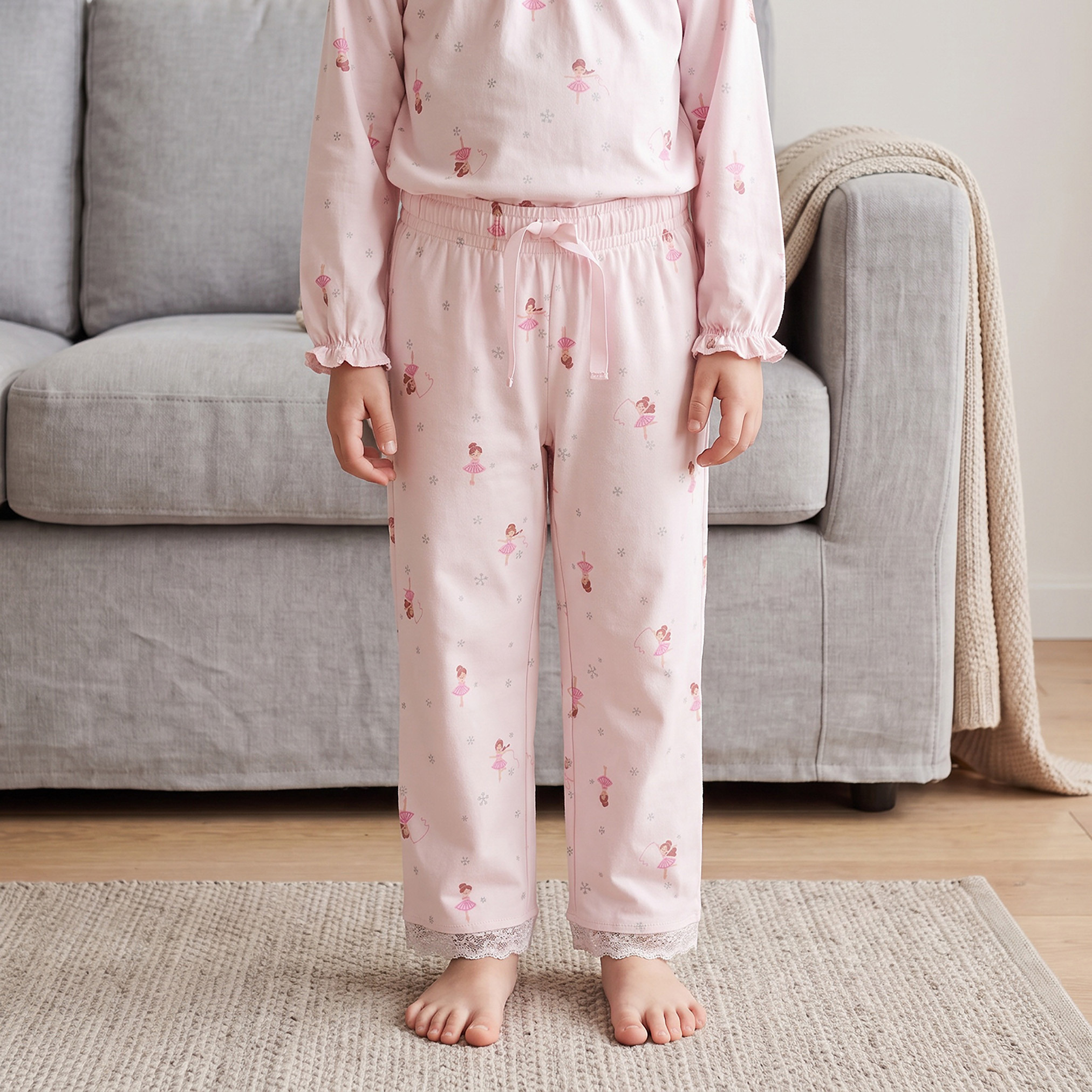 Juniors Cotton Crew Neck Long Sleeves Pyjama Set with Ballerina Print-girls-clothing-nightwear-image-3