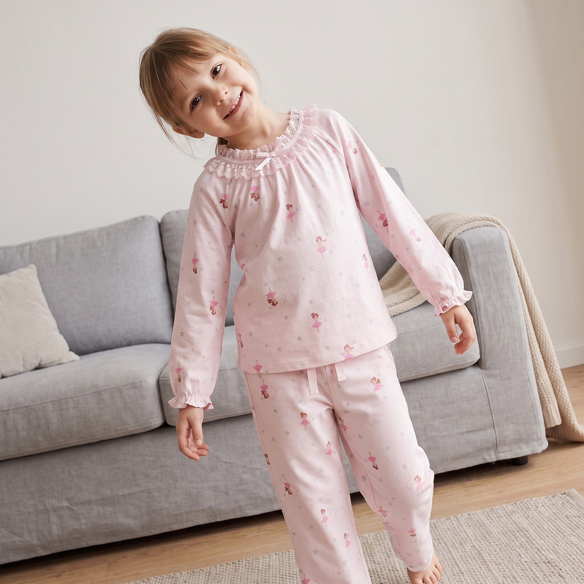 Juniors Cotton Crew Neck Long Sleeves Pyjama Set with Ballerina Print-girls-clothing-nightwear-image-7