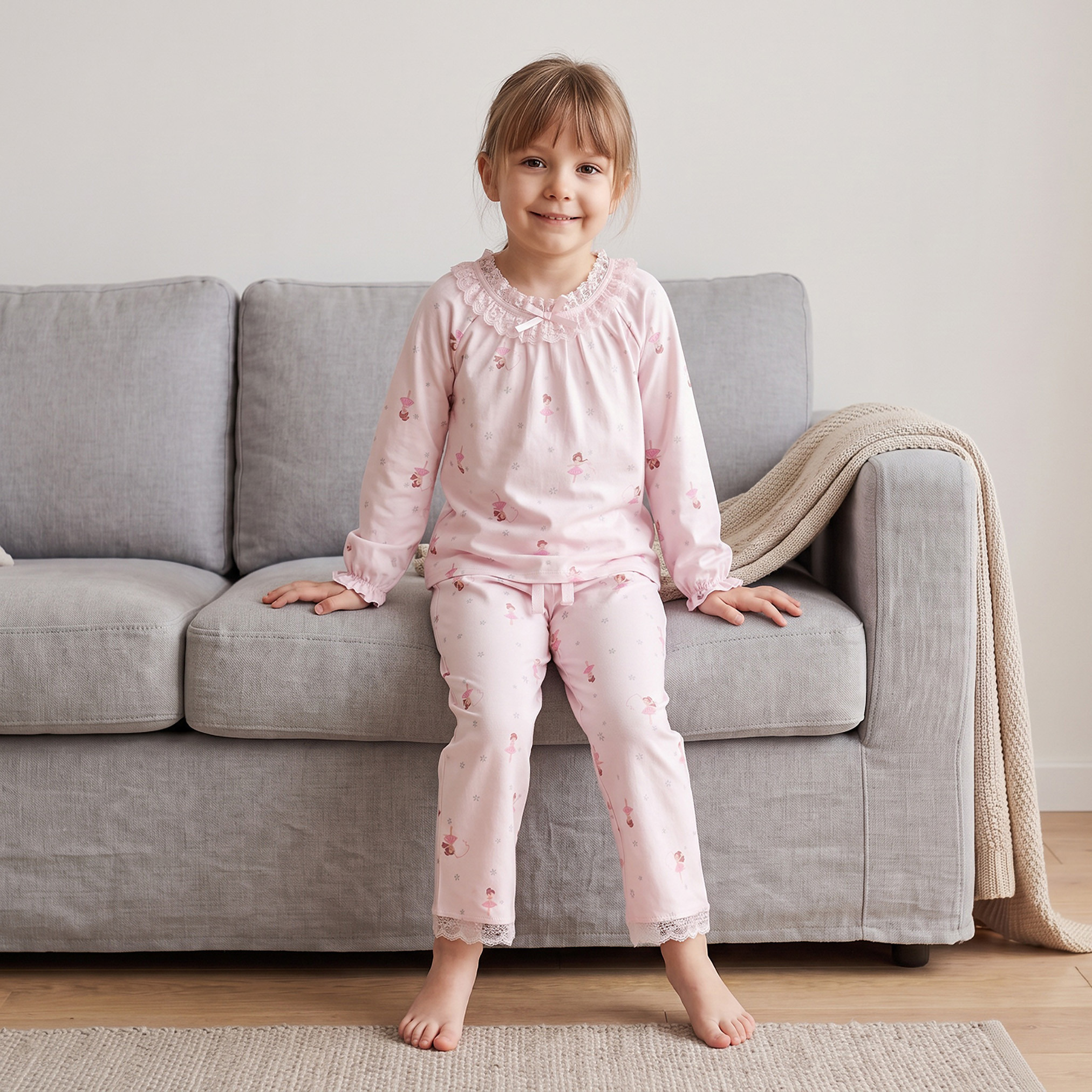 Juniors Cotton Crew Neck Long Sleeves Pyjama Set with Ballerina Print-girls-clothing-nightwear-image-8