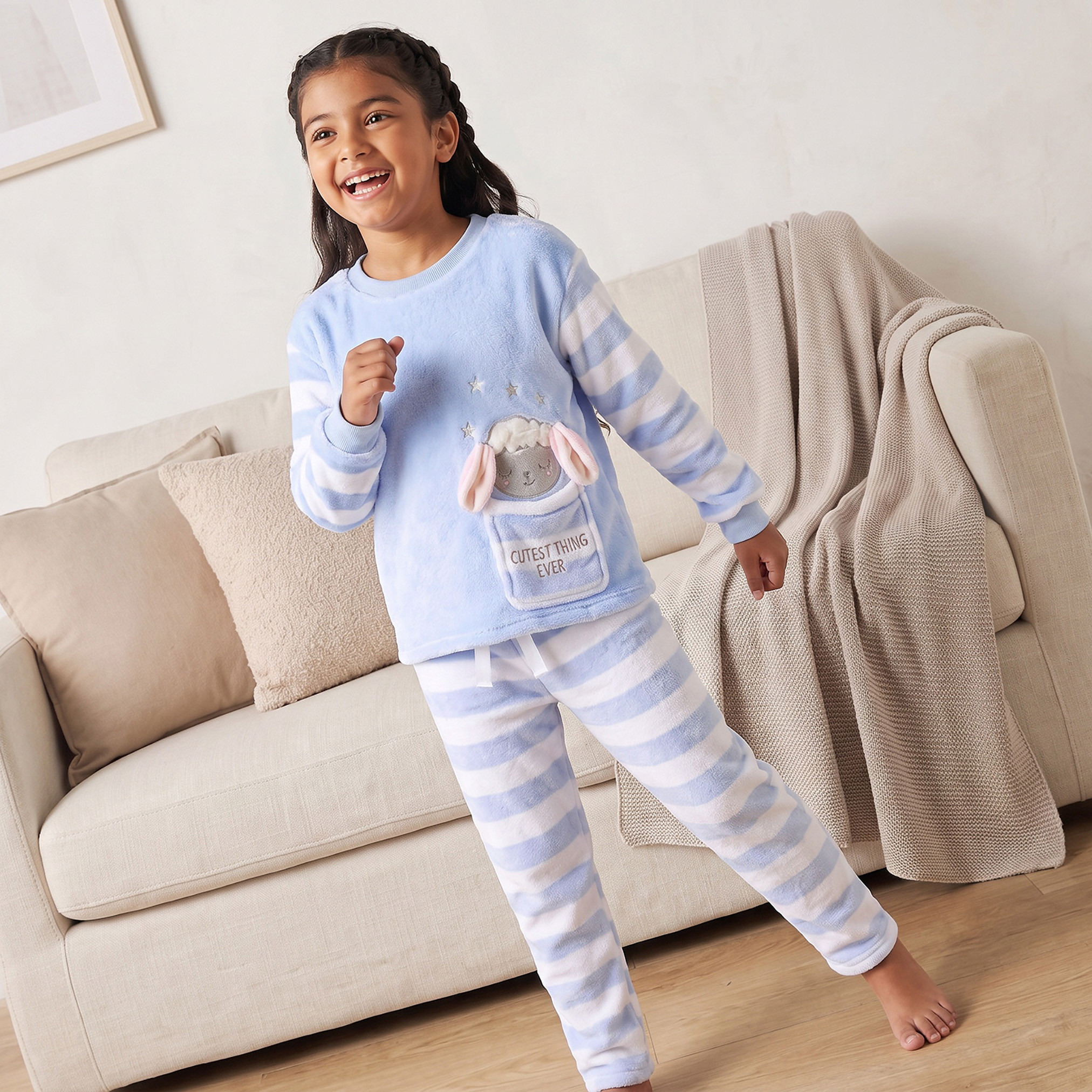 Juniors Crew Neck Long Sleeves Pyjama Set with Stripes-girls-clothing-nightwear-image-1