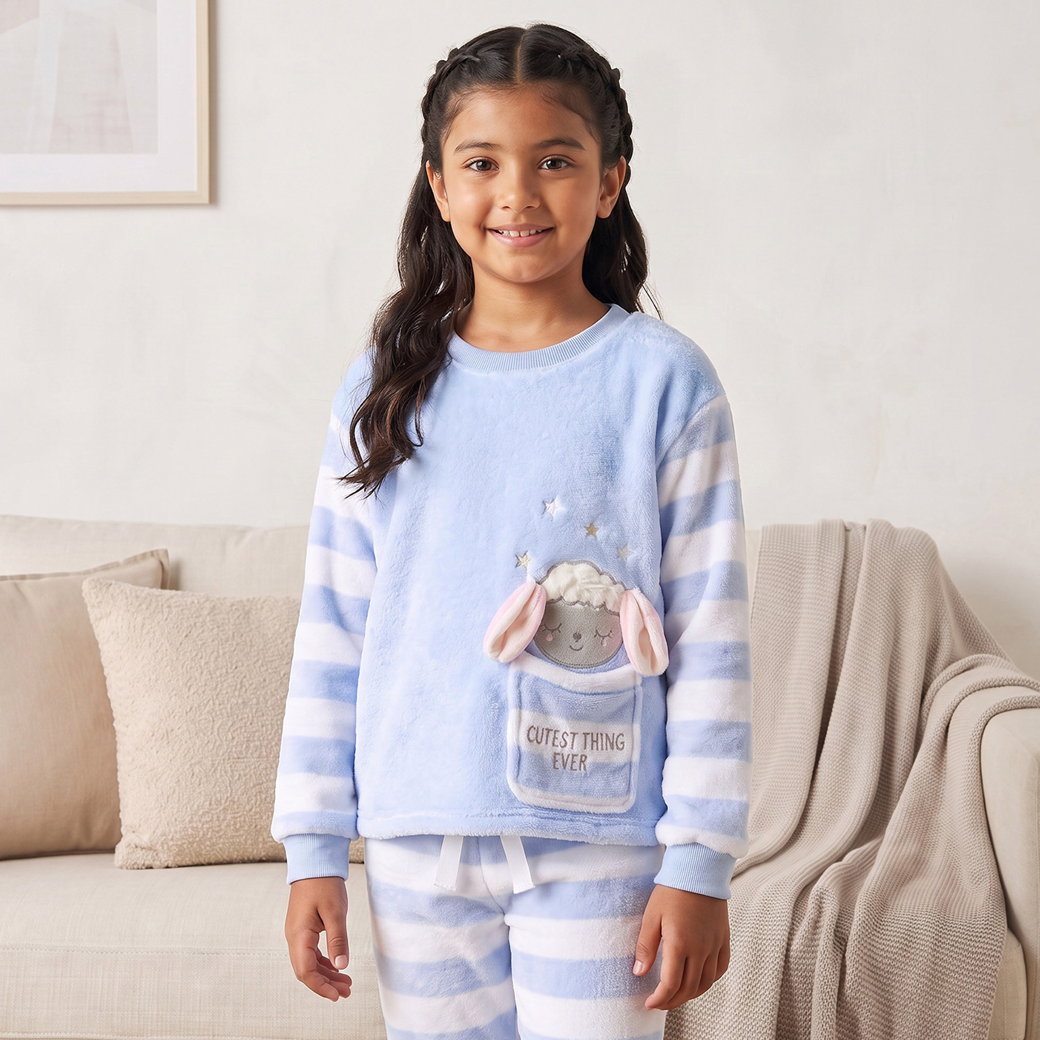 Juniors Crew Neck Long Sleeves Pyjama Set with Stripes-girls-clothing-nightwear-image-2