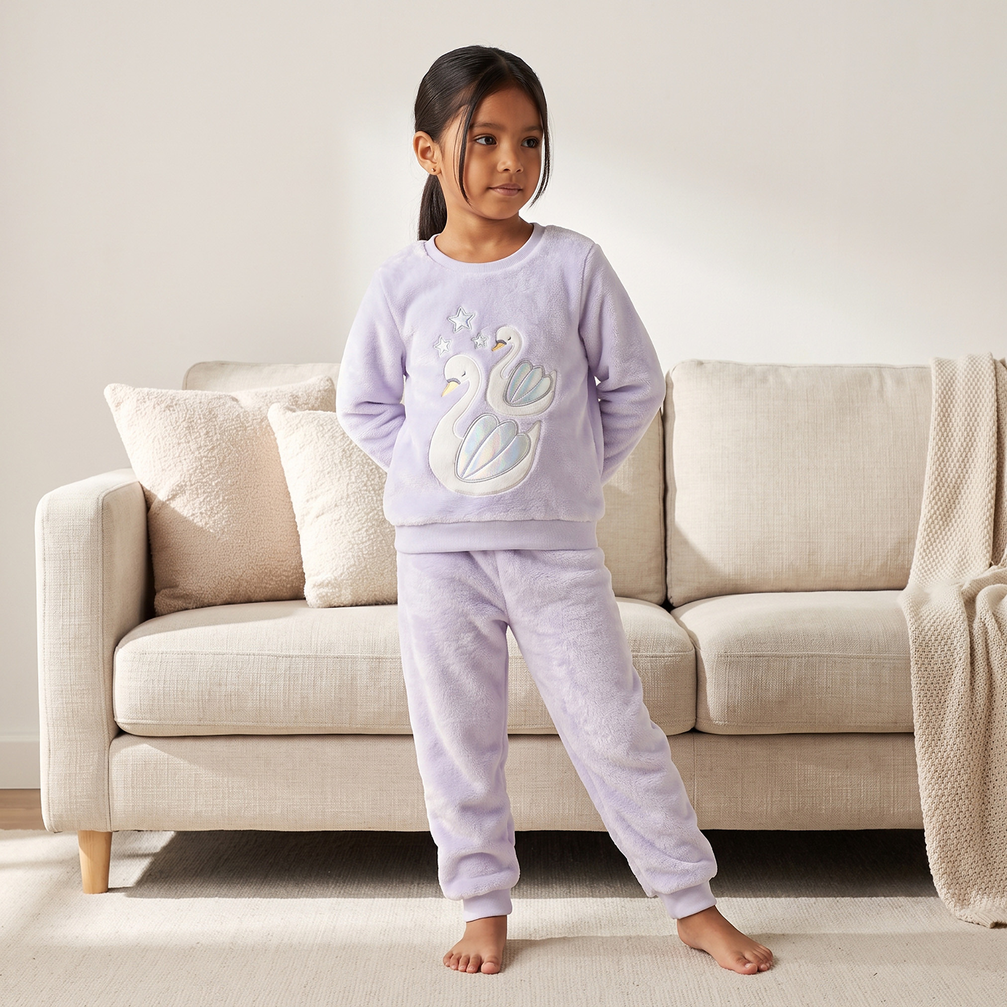 Juniors Crew Neck Long Sleeves Pyjama Set with Swan Applique-girls-clothing-nightwear-image-1