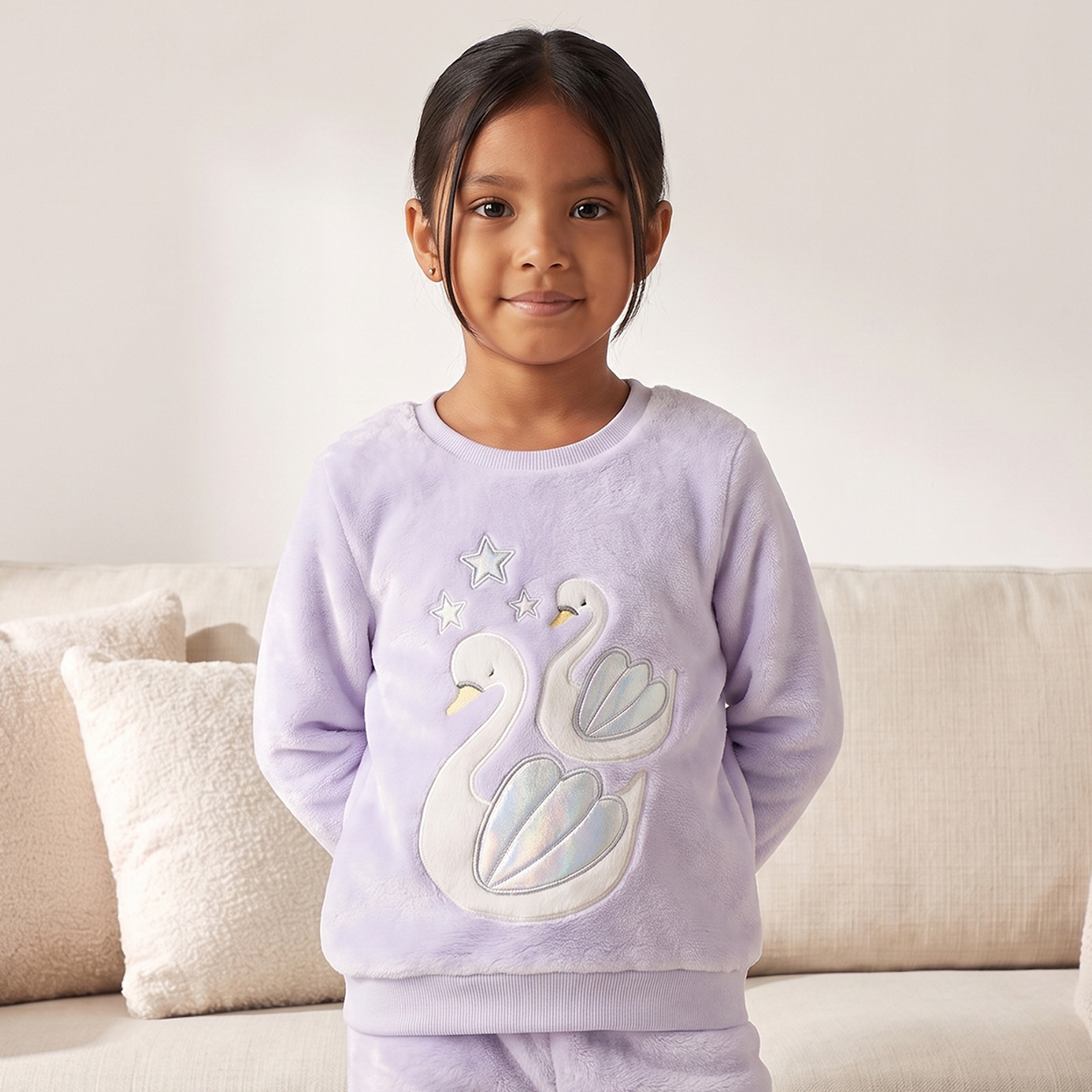 Juniors Crew Neck Long Sleeves Pyjama Set with Swan Applique-girls-clothing-nightwear-image-2