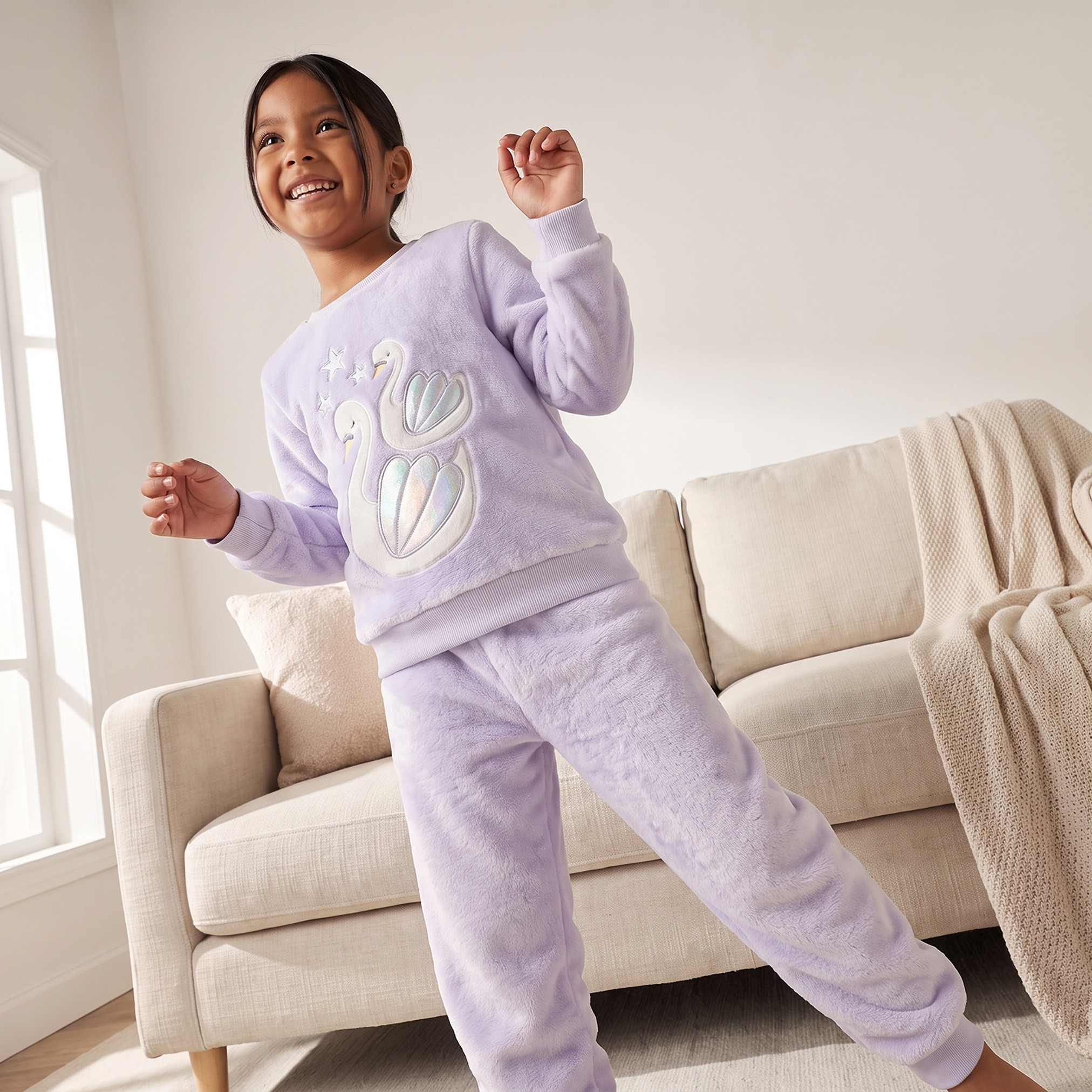 Juniors Crew Neck Long Sleeves Pyjama Set with Swan Applique-girls-clothing-nightwear-image-7