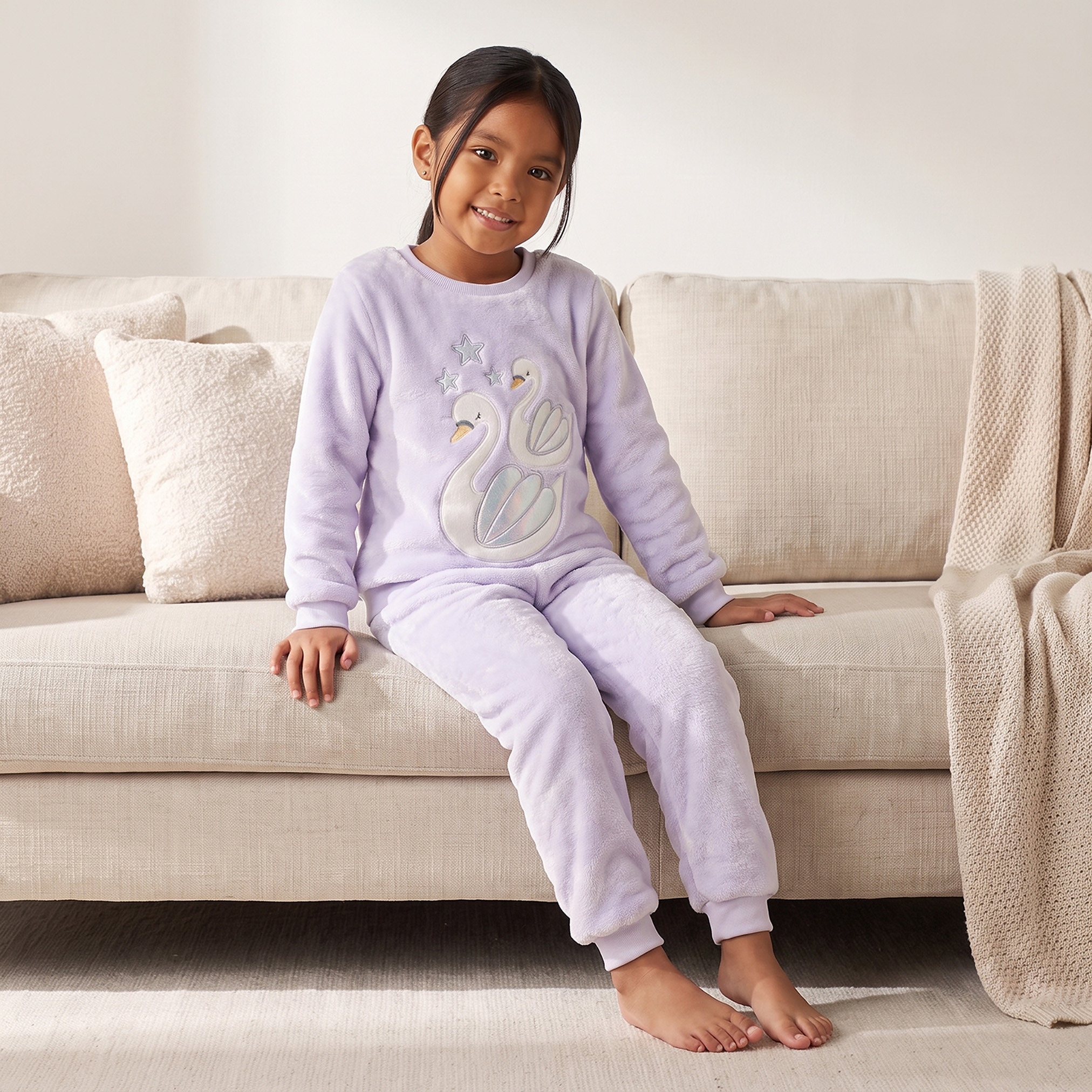 Juniors Crew Neck Long Sleeves Pyjama Set with Swan Applique-girls-clothing-nightwear-image-8