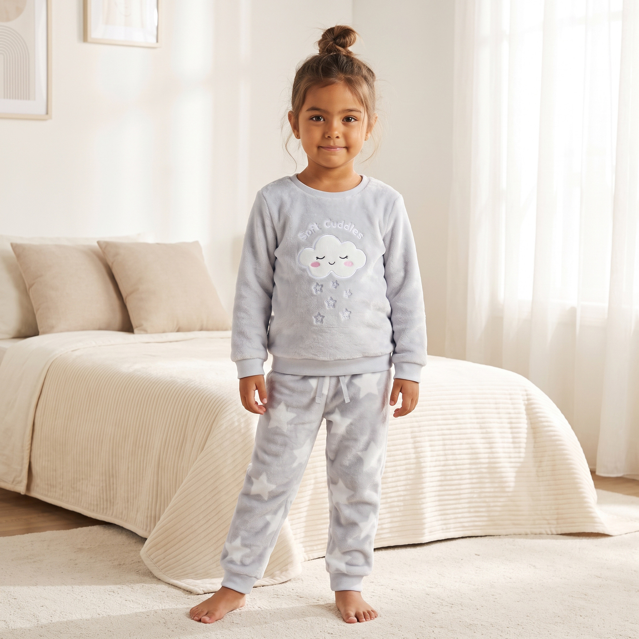 Juniors Crew Neck Long Sleeves Pyjama Set with Swan Applique-girls-clothing-nightwear-image-1