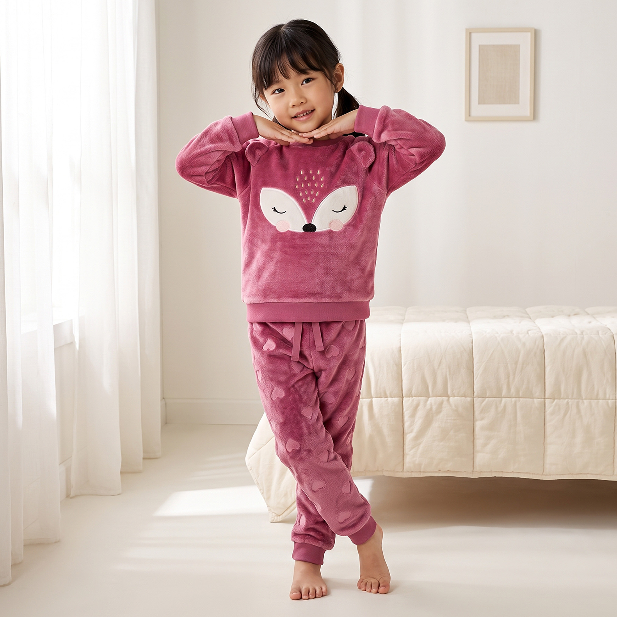 Juniors Crew Neck Long Sleeves Pyjama Set with Fox Applique-girls-clothing-nightwear-image-1