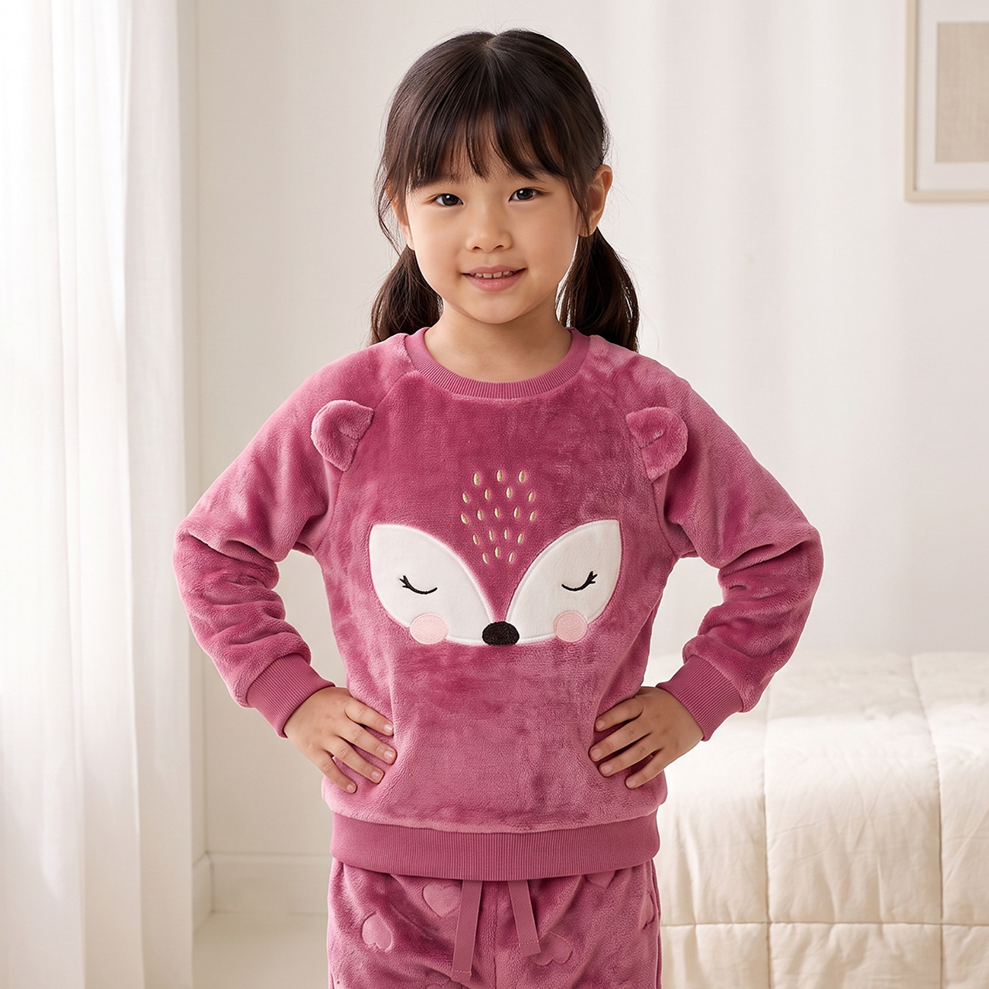 Juniors Crew Neck Long Sleeves Pyjama Set with Fox Applique-girls-clothing-nightwear-image-2