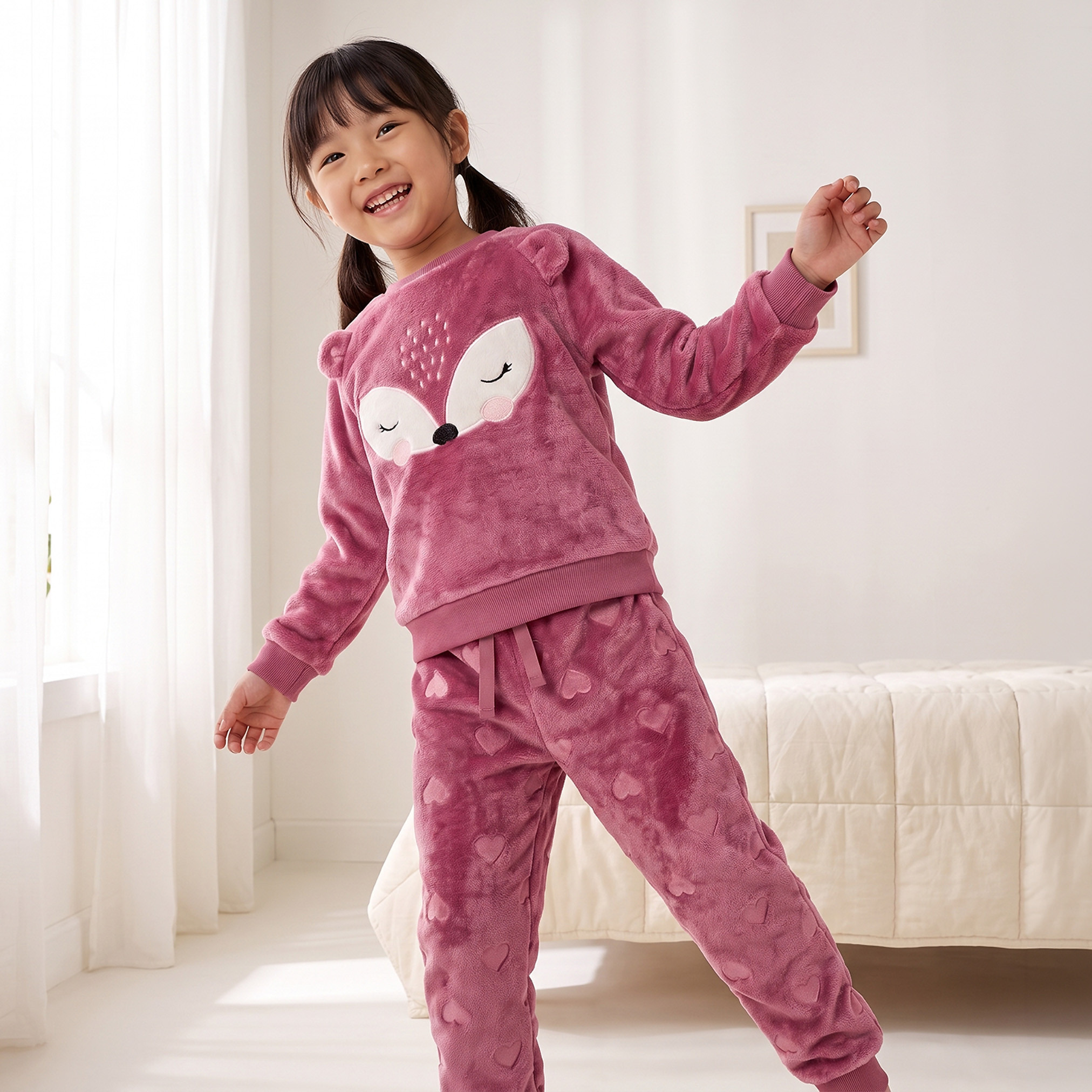 Juniors Crew Neck Long Sleeves Pyjama Set with Fox Applique-girls-clothing-nightwear-image-7