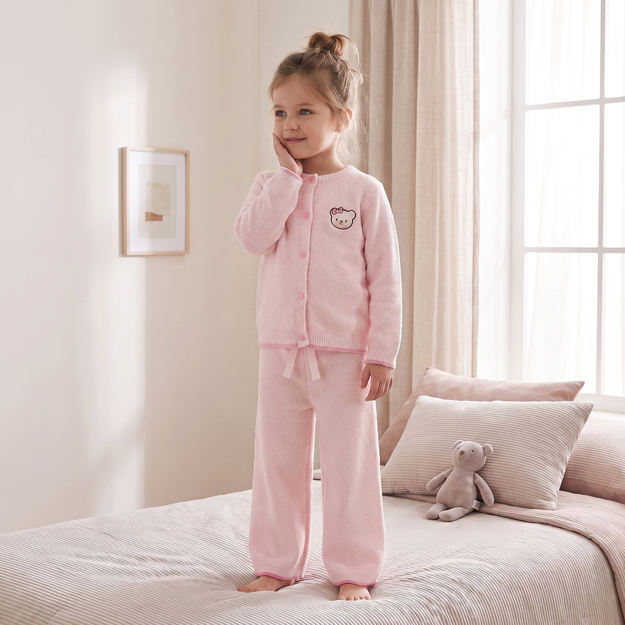Juniors Crew Neck Long Sleeves Pyjama Set with Hello Kitty Embroidery-girls-clothing-nightwear-image-1