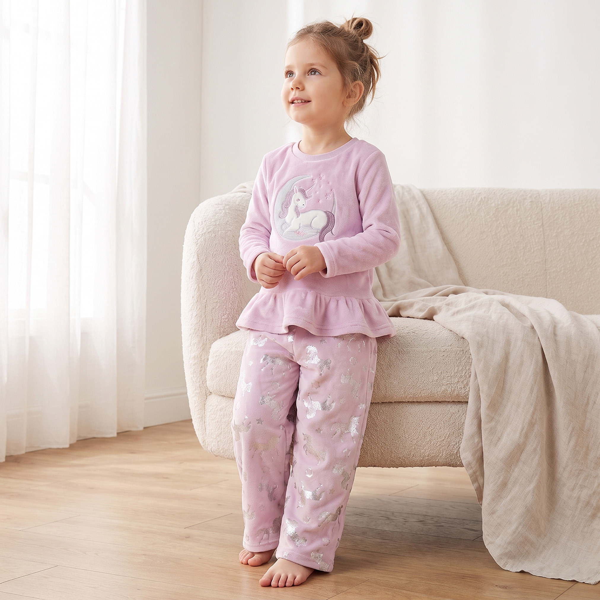 Juniors Crew Neck Long Sleeves Pyjama Set with Unicorn Applique-girls-clothing-nightwear-image-1