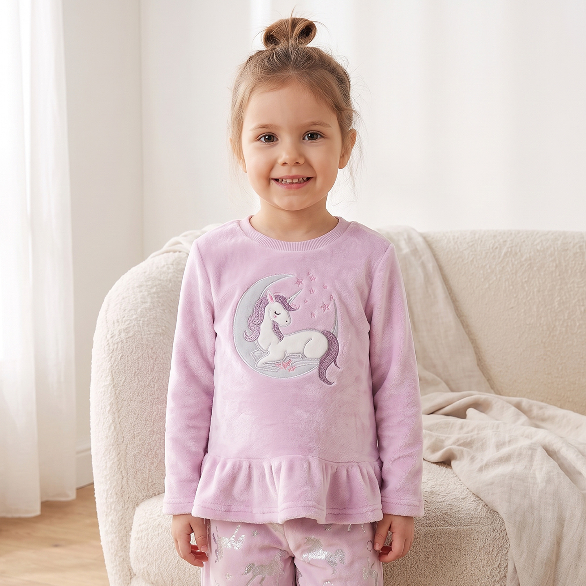Juniors Crew Neck Long Sleeves Pyjama Set with Unicorn Applique-girls-clothing-nightwear-image-2