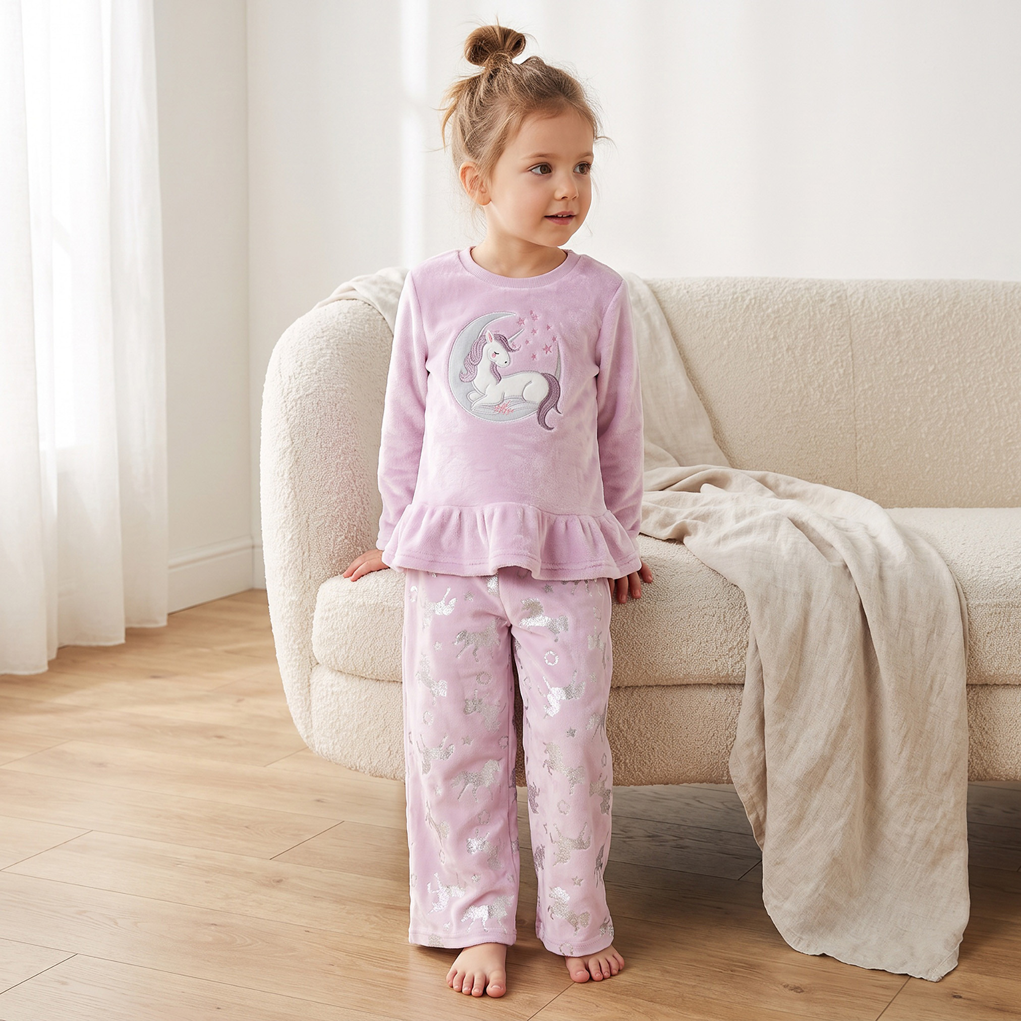 Juniors Crew Neck Long Sleeves Pyjama Set with Unicorn Applique-girls-clothing-nightwear-image-5