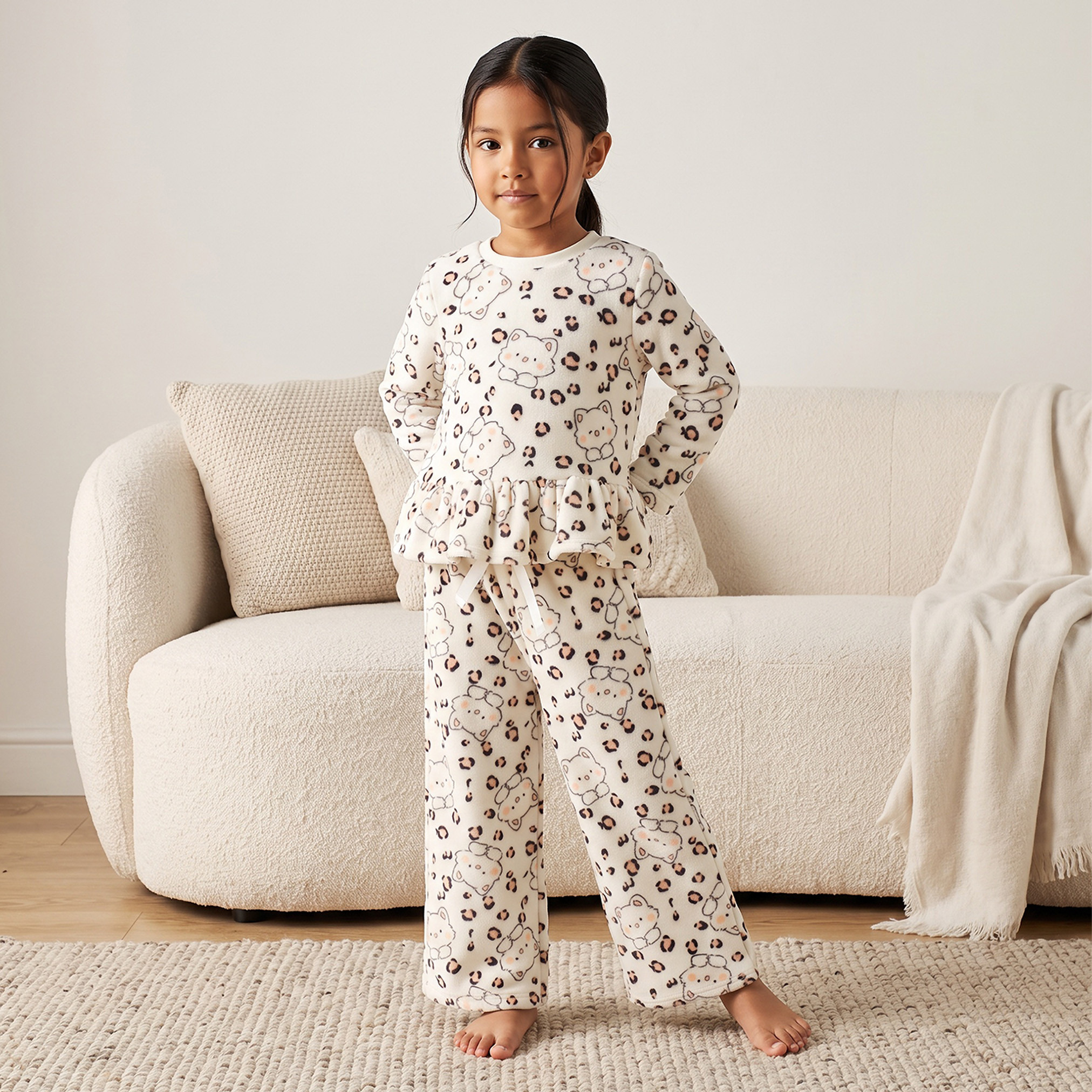 Juniors Cotton Crew Neck Long Sleeves Pyjama Set with Cat Print-girls-clothing-nightwear-image-1