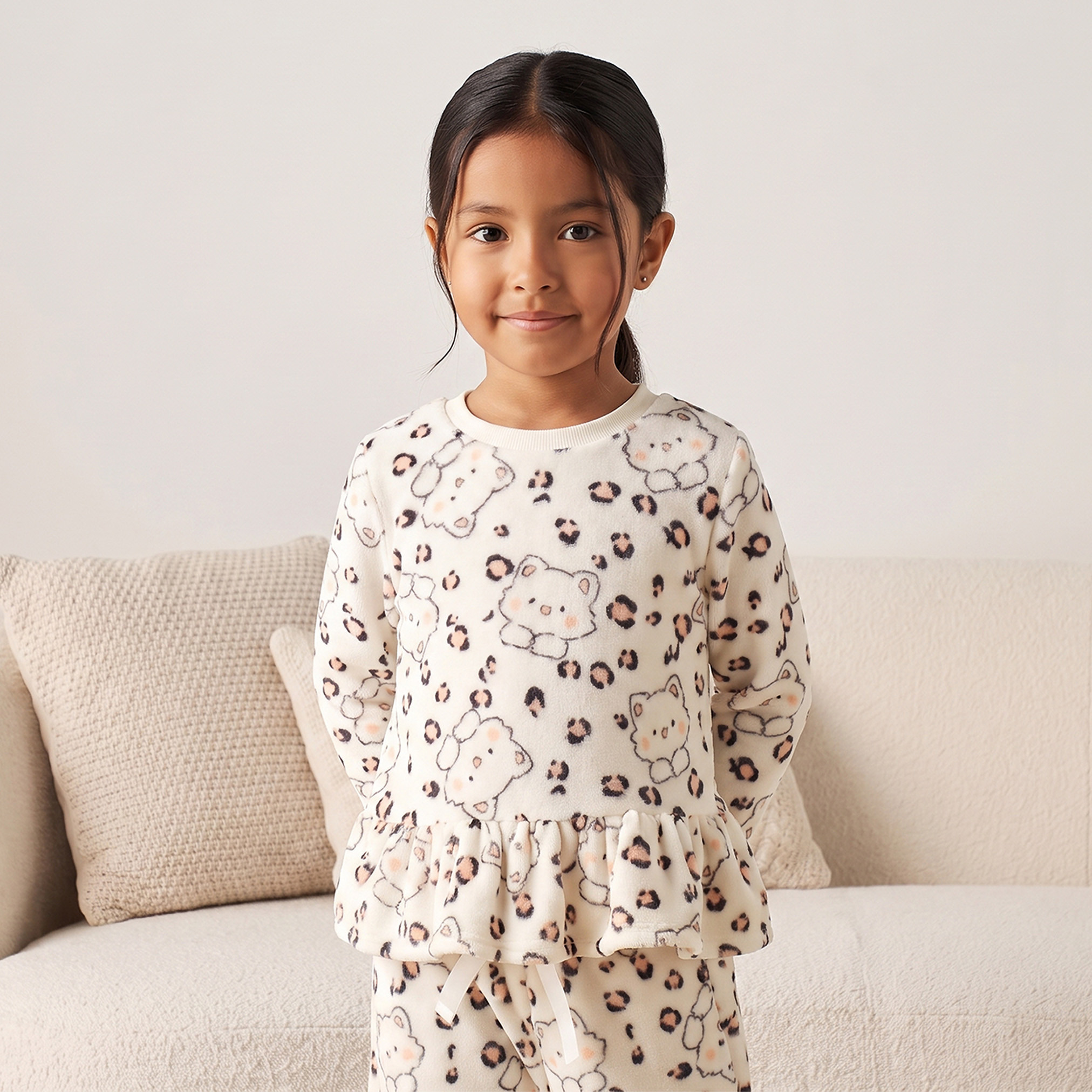 Juniors Cotton Crew Neck Long Sleeves Pyjama Set with Cat Print-girls-clothing-nightwear-image-2