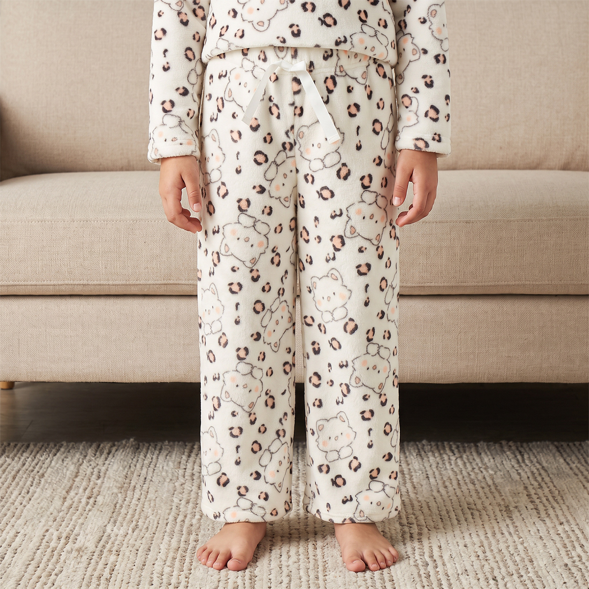 Juniors Cotton Crew Neck Long Sleeves Pyjama Set with Cat Print-girls-clothing-nightwear-image-3