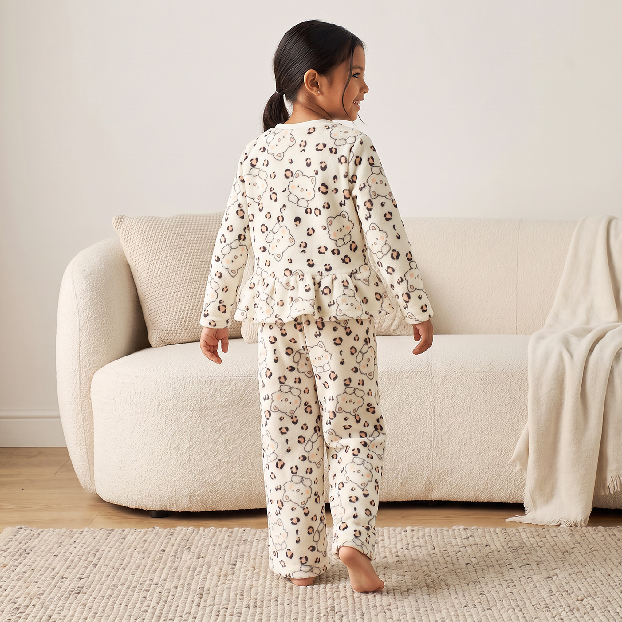Juniors Cotton Crew Neck Long Sleeves Pyjama Set with Cat Print-girls-clothing-nightwear-image-4