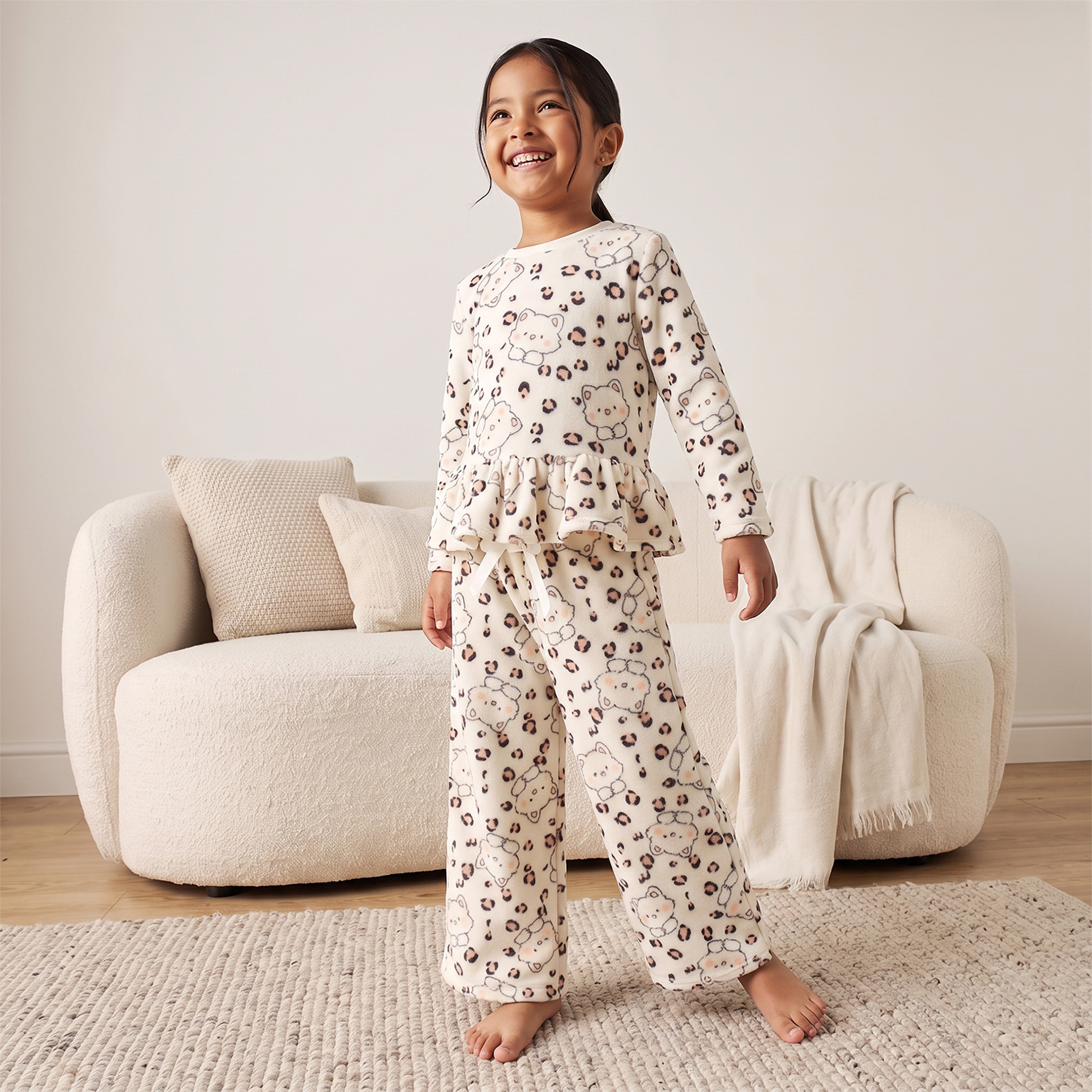 Juniors Cotton Crew Neck Long Sleeves Pyjama Set with Cat Print-girls-clothing-nightwear-image-7