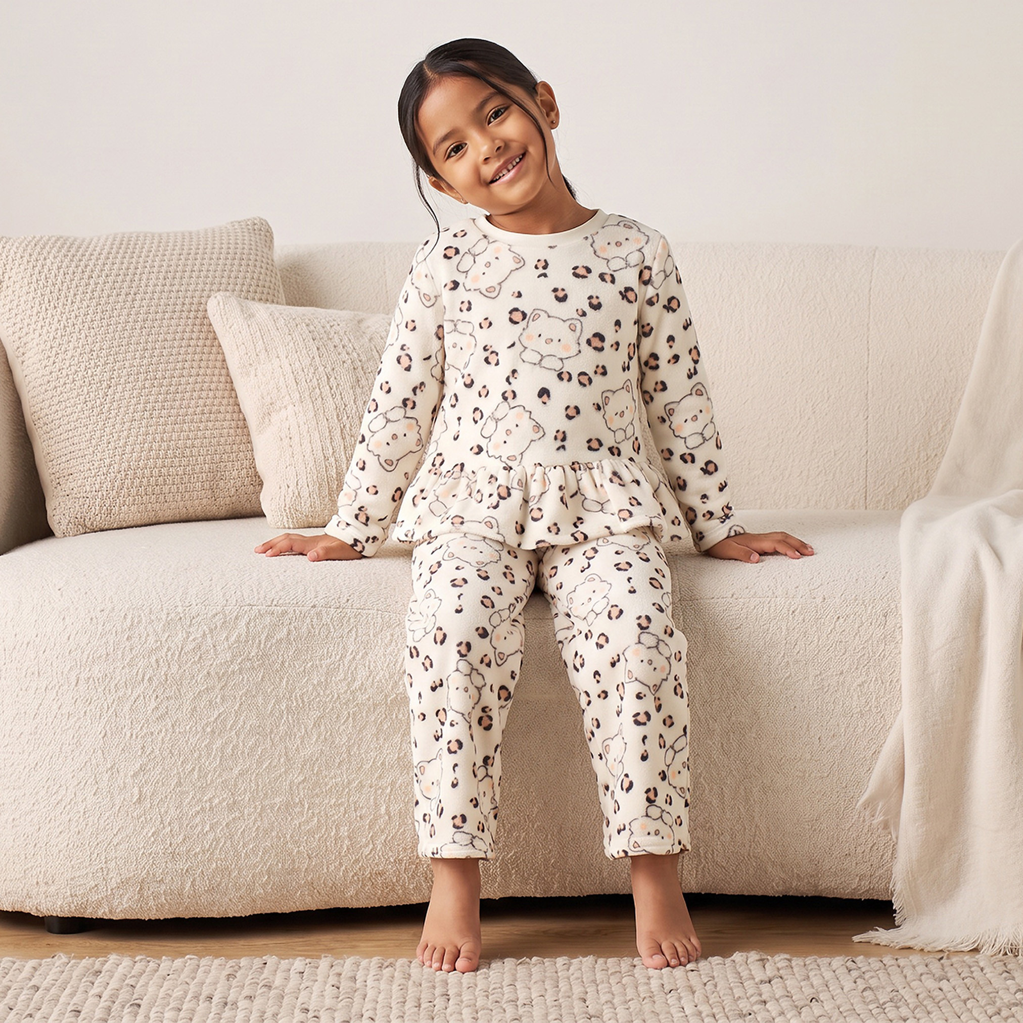 Juniors Cotton Crew Neck Long Sleeves Pyjama Set with Cat Print-girls-clothing-nightwear-image-8