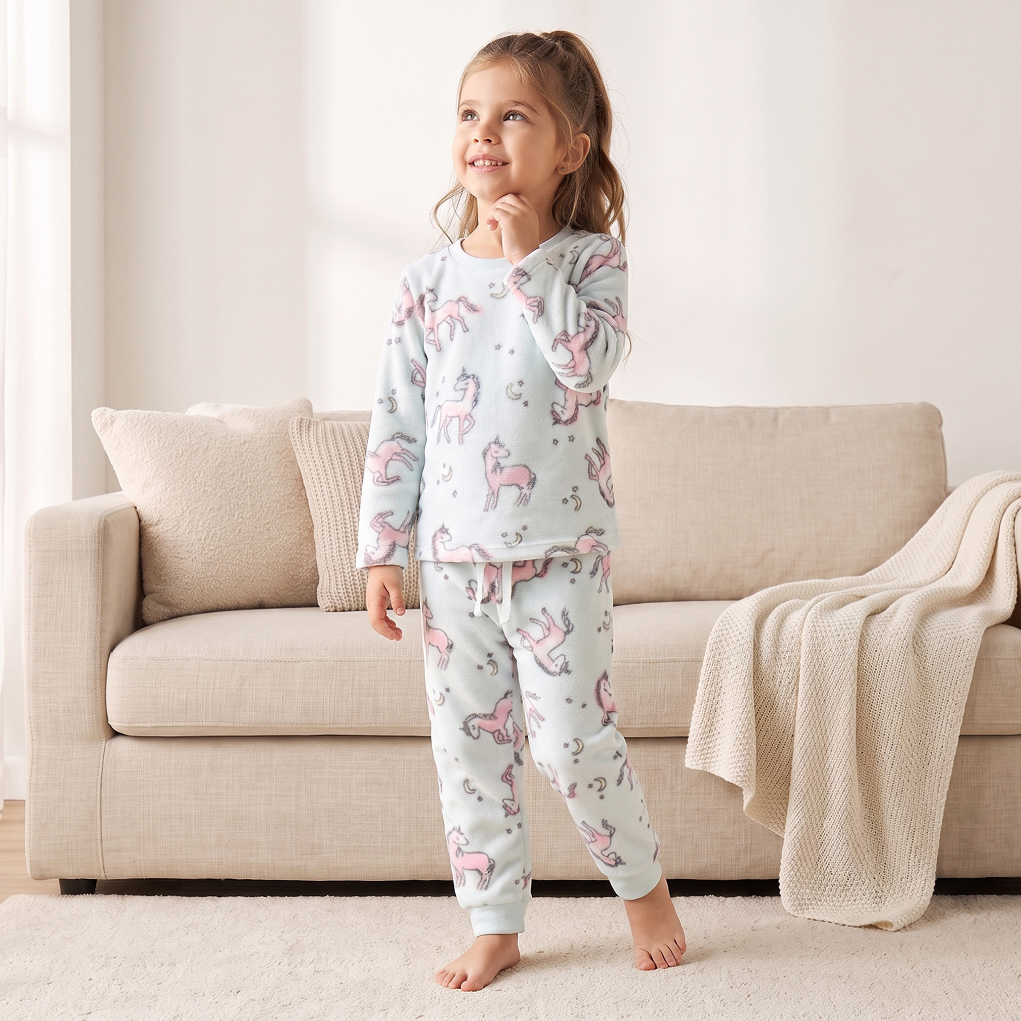 Juniors Crew Neck Long Sleeves Pyjama Set with Unicorn Print-girls-clothing-nightwear-image-1