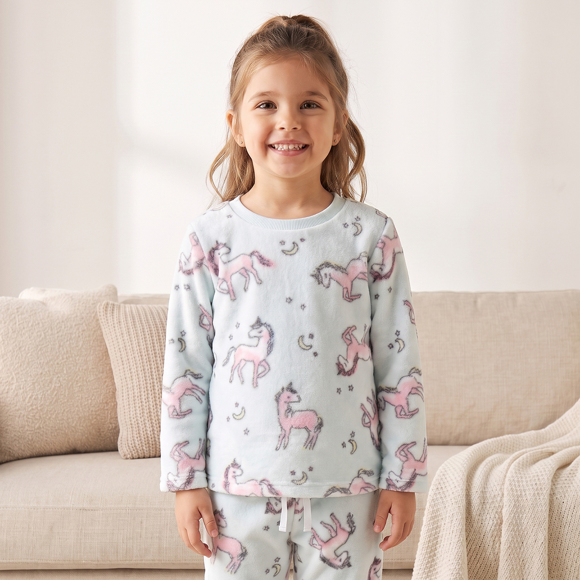 Juniors Crew Neck Long Sleeves Pyjama Set with Unicorn Print-girls-clothing-nightwear-image-2