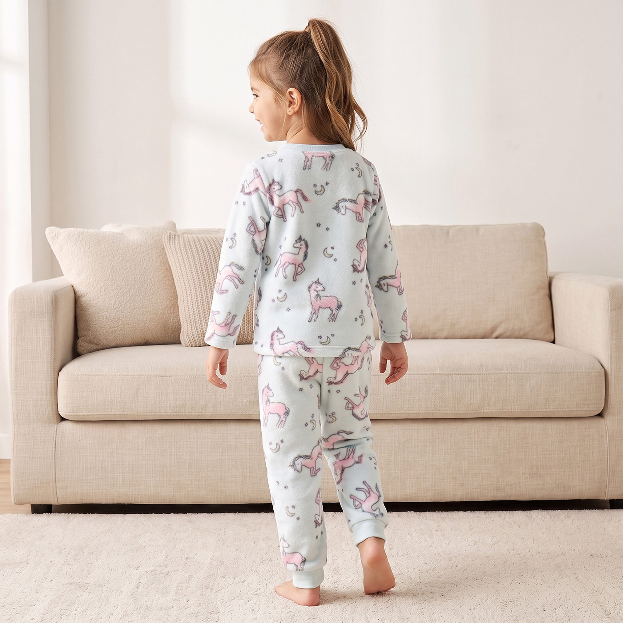 Juniors Crew Neck Long Sleeves Pyjama Set with Unicorn Print-girls-clothing-nightwear-image-4