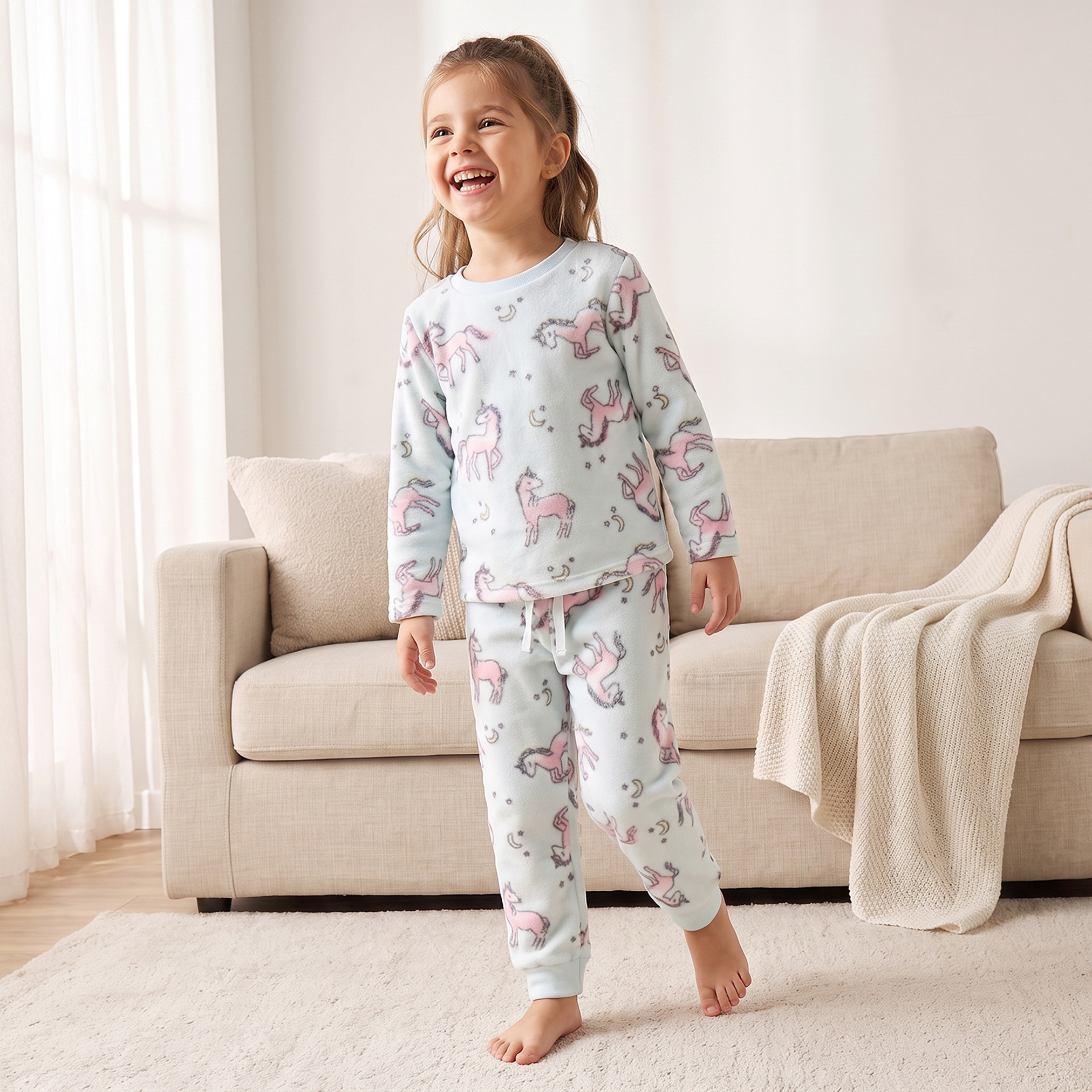 Juniors Crew Neck Long Sleeves Pyjama Set with Unicorn Print-girls-clothing-nightwear-image-7