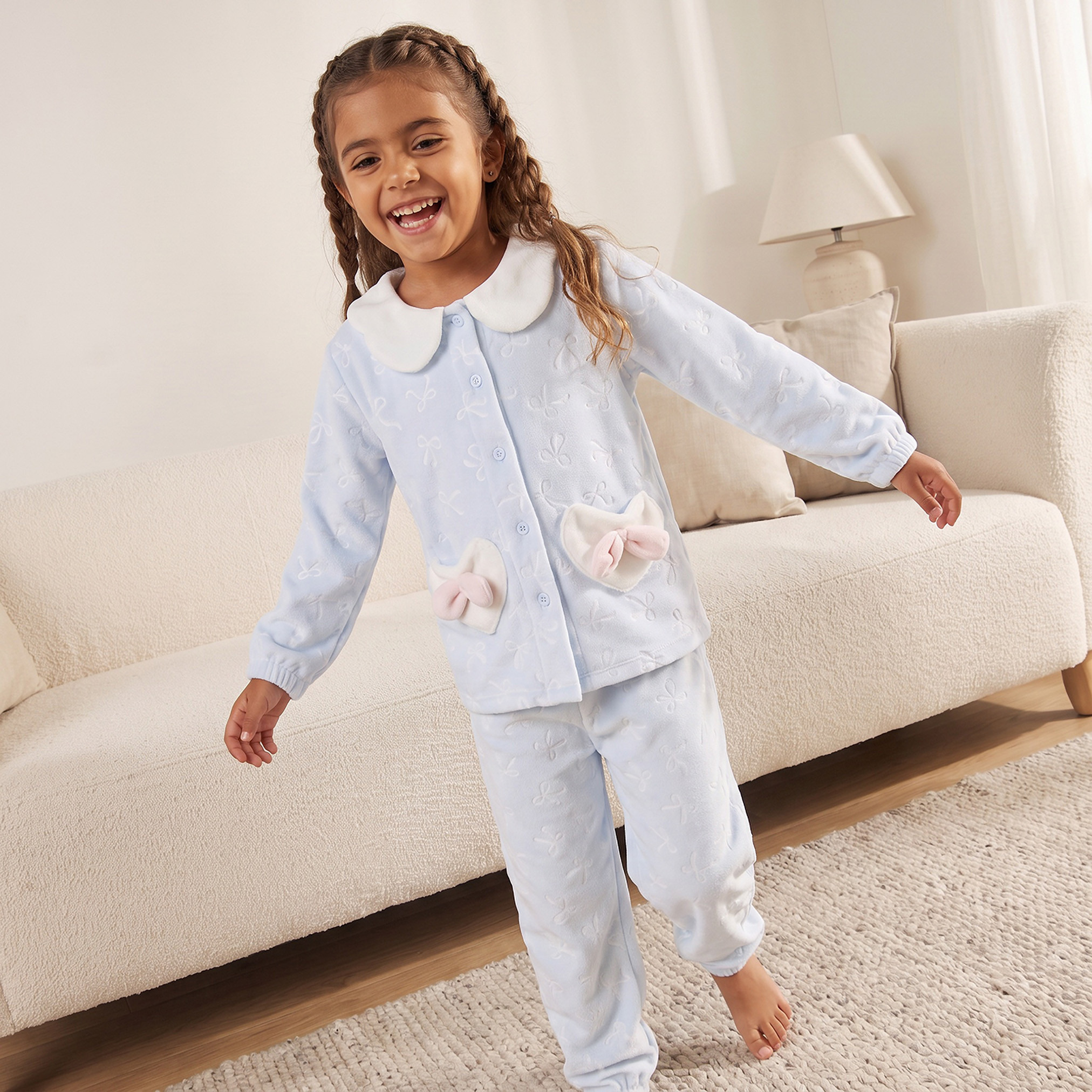 Juniors Cotton Collared Long Sleeves Pyjama Set with Embossed Bow-girls-clothing-nightwear-image-1