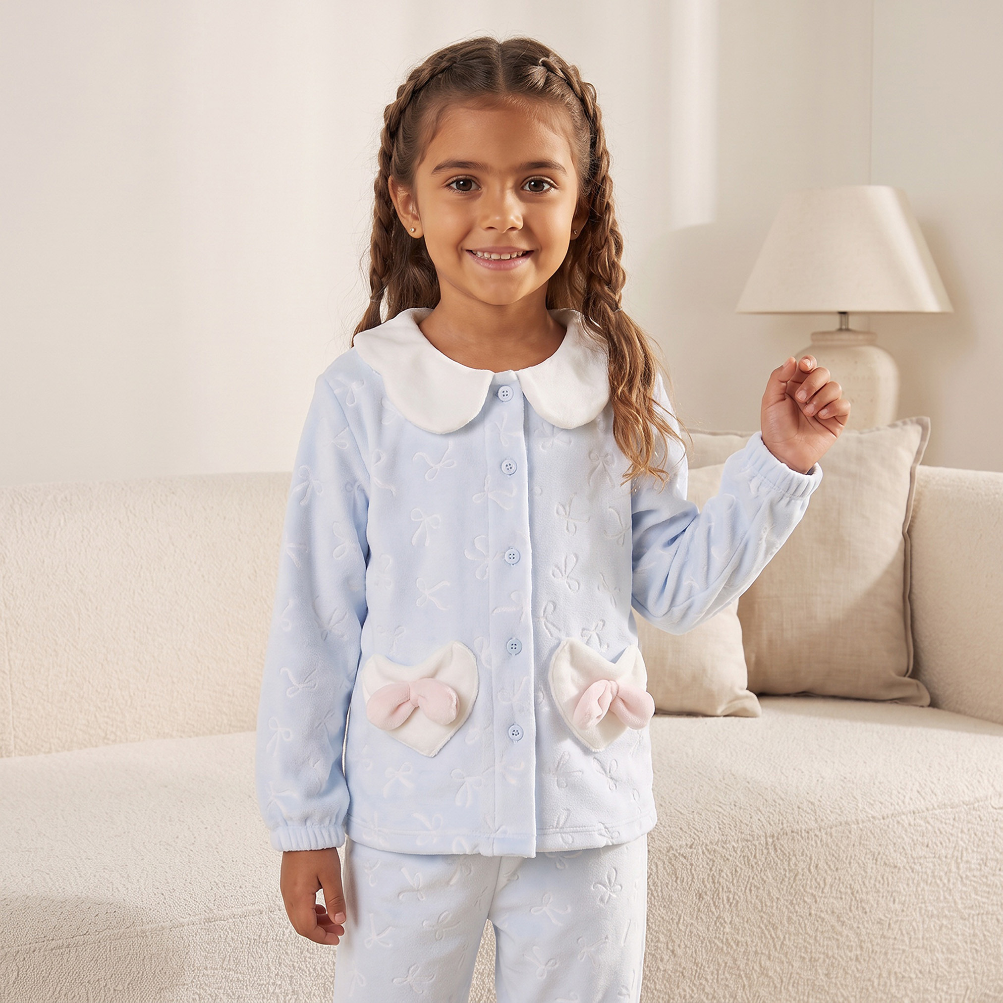Juniors Cotton Collared Long Sleeves Pyjama Set with Embossed Bow-girls-clothing-nightwear-image-2