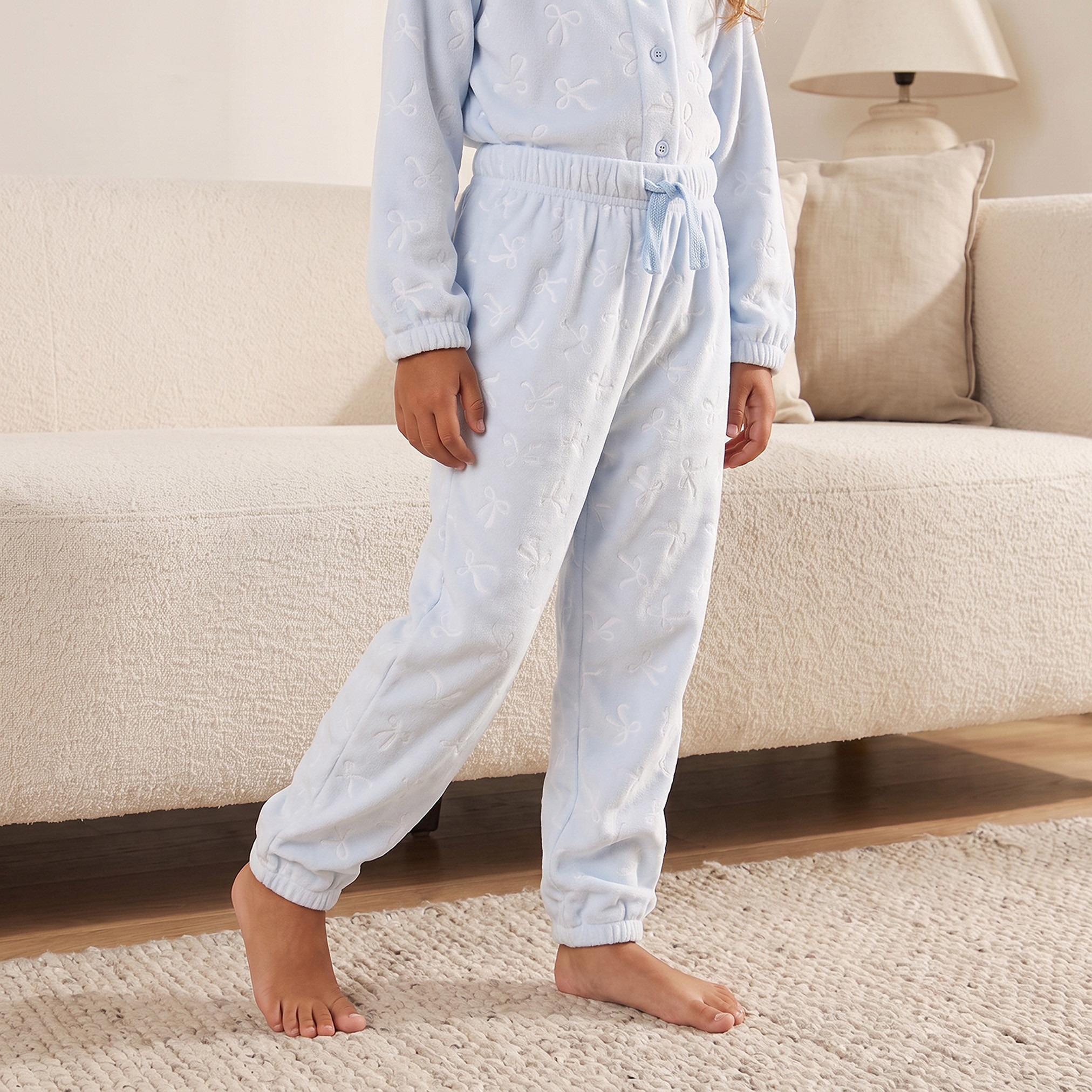 Juniors Cotton Collared Long Sleeves Pyjama Set with Embossed Bow-girls-clothing-nightwear-image-3