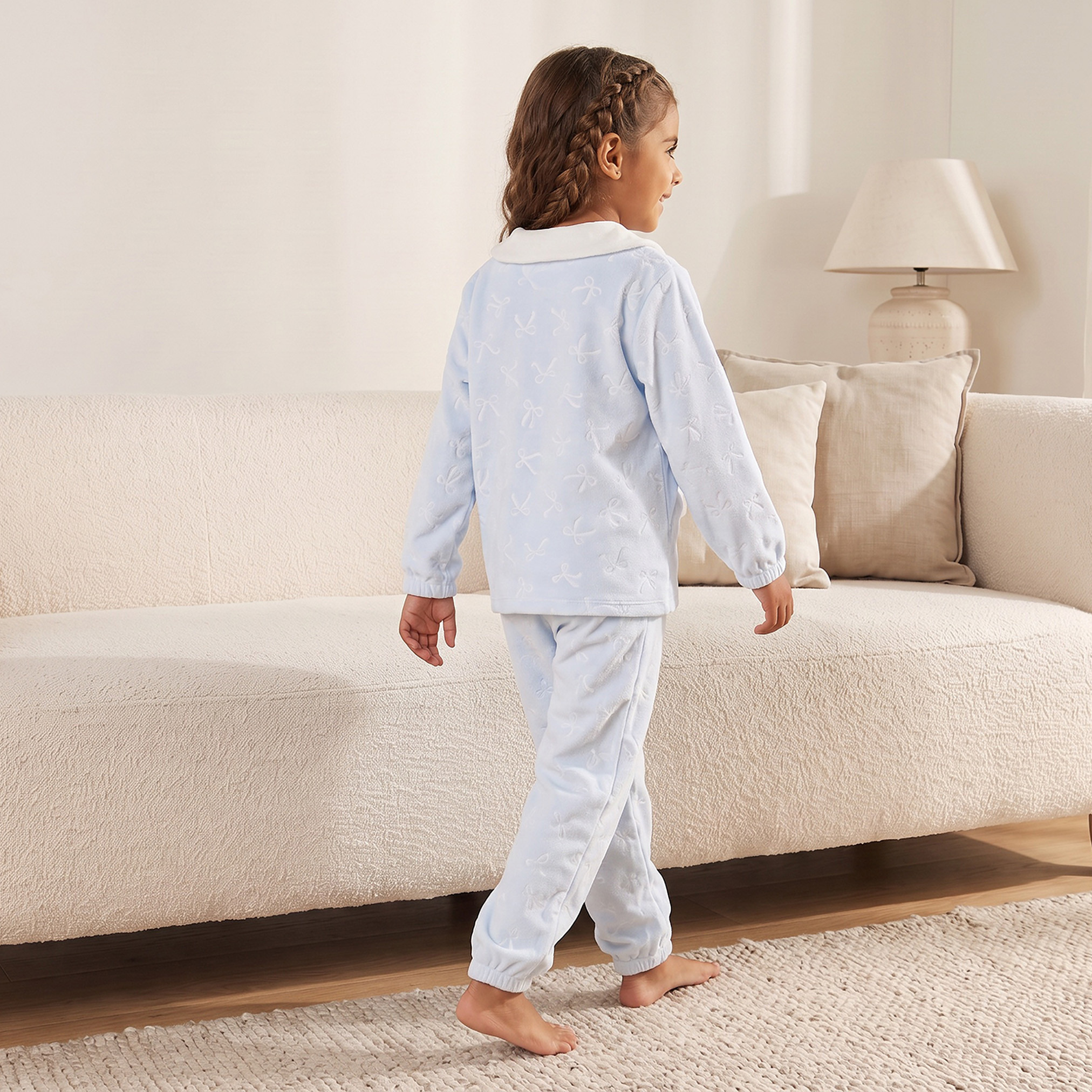 Juniors Cotton Collared Long Sleeves Pyjama Set with Embossed Bow-girls-clothing-nightwear-image-4