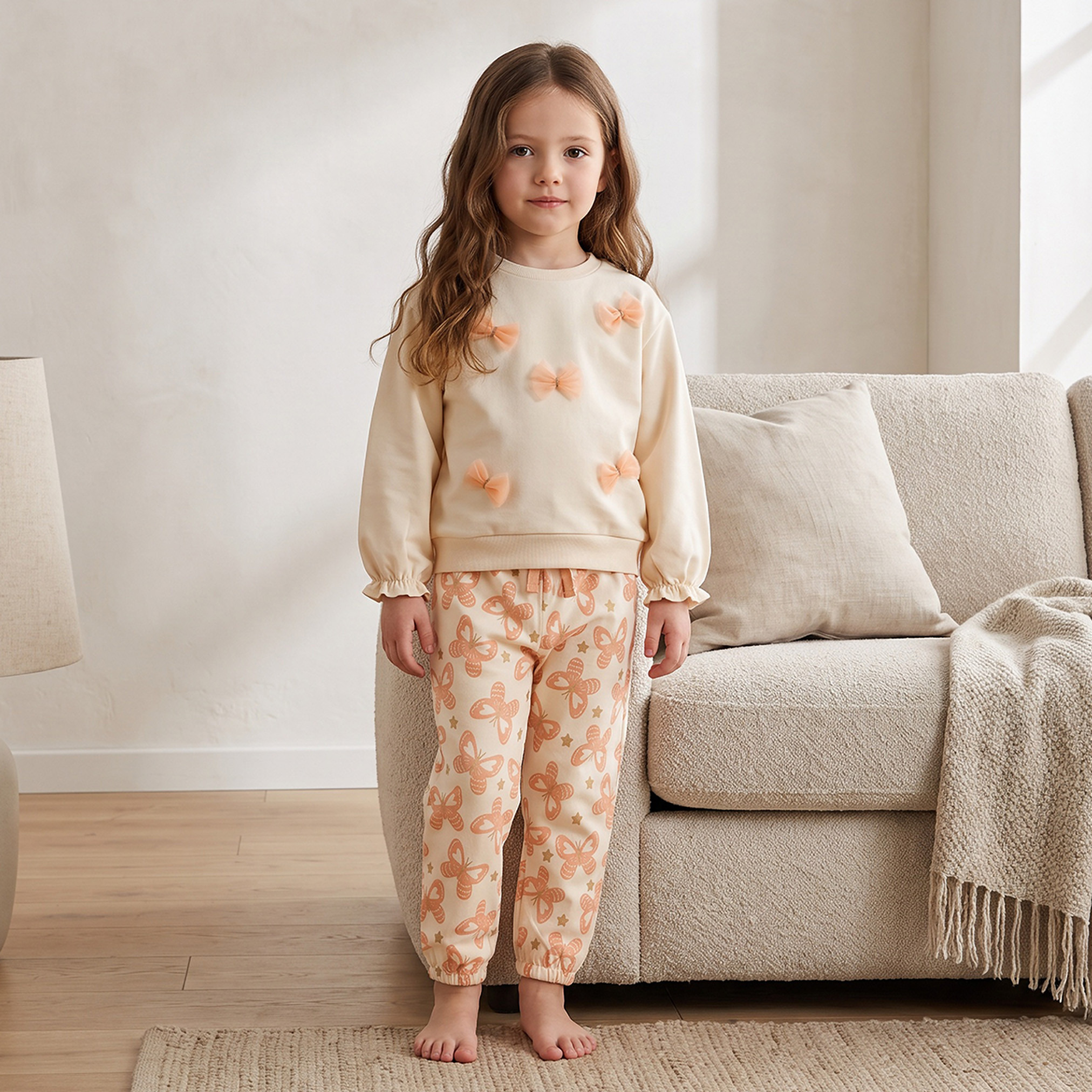 طقم بيجاما قطن بياقة ضيقة وأكمام طويلة وزخارف فيونكة من جونيورز-girls-clothing-nightwear-image-8